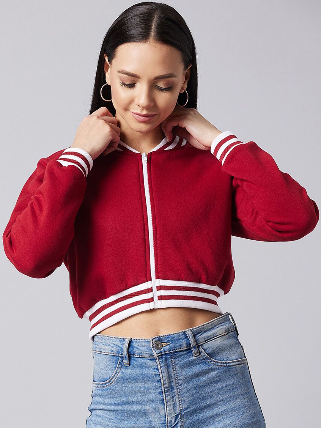 DOLCE CRUDO Women Maroon Crop Varsity Jacket Price in India