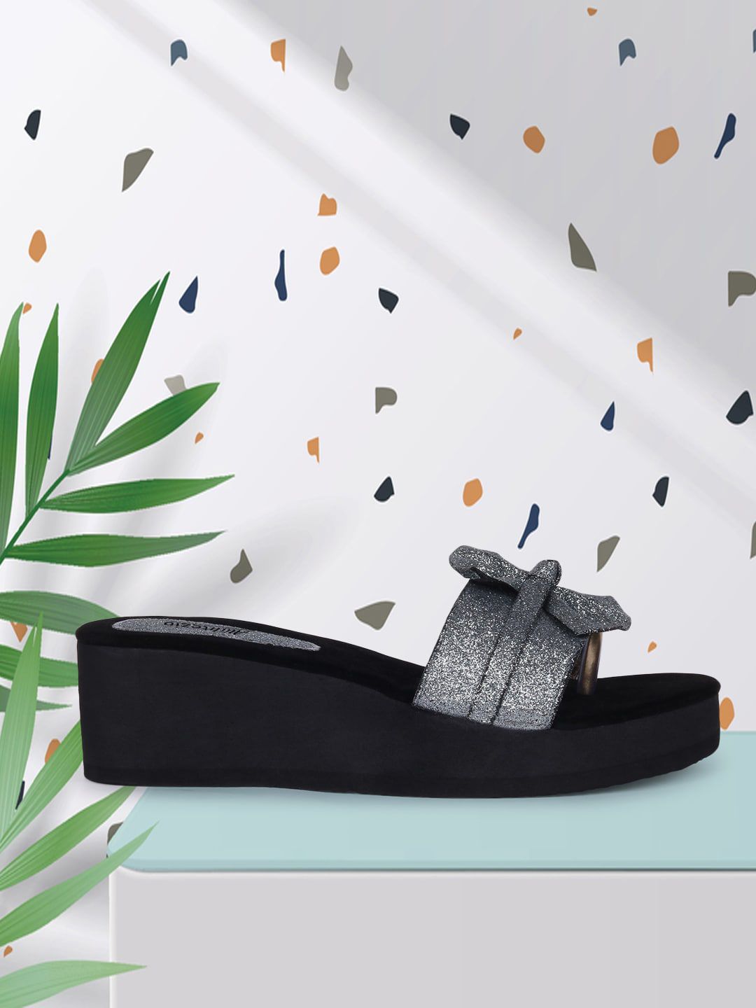 Alishtezia Grey & Black Embellished PU Flatform Sandals with Bows Price in India