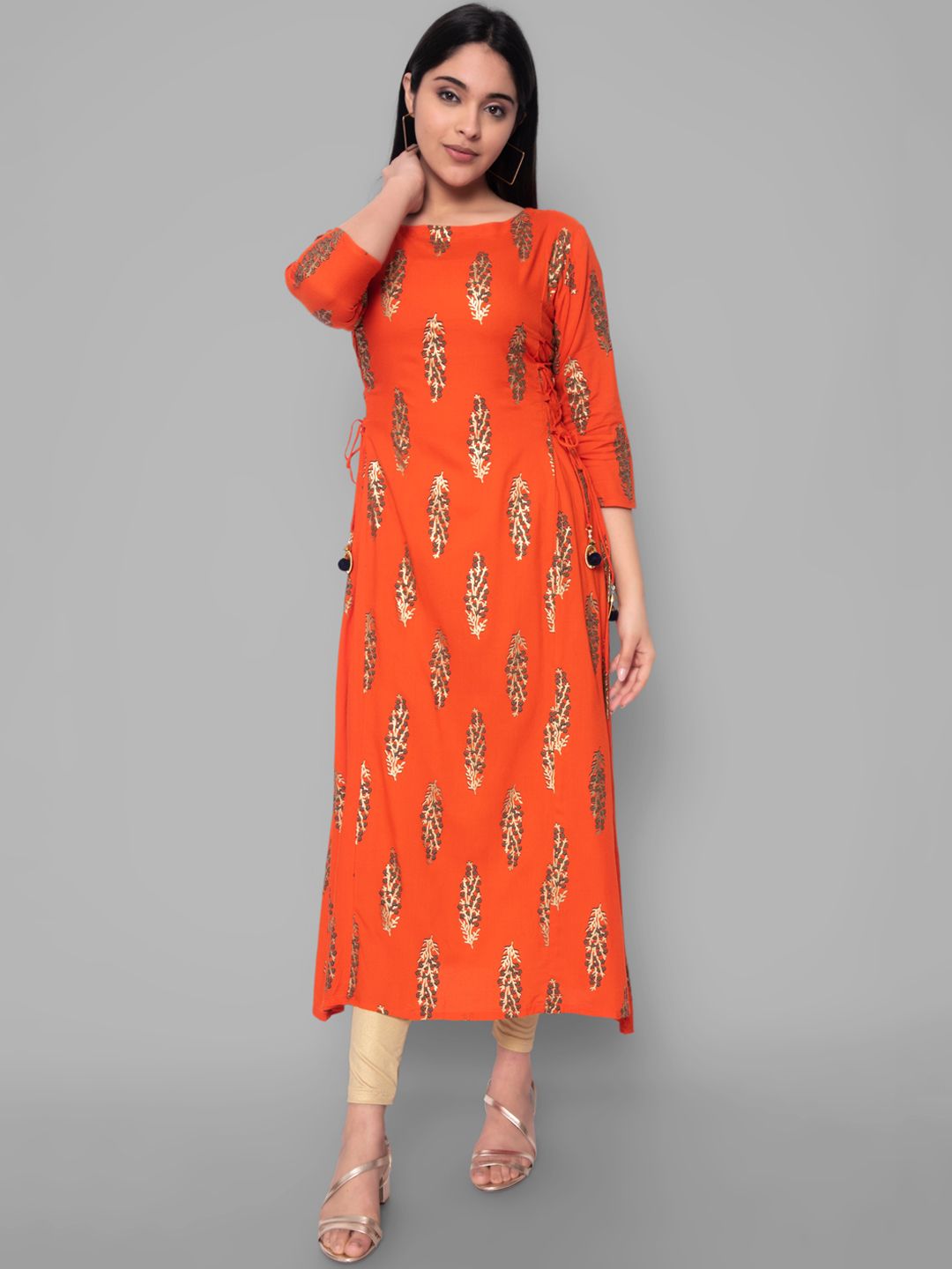 KALINI Women Orange & Gold-Toned Floral Printed A-Line Kurta Price in India