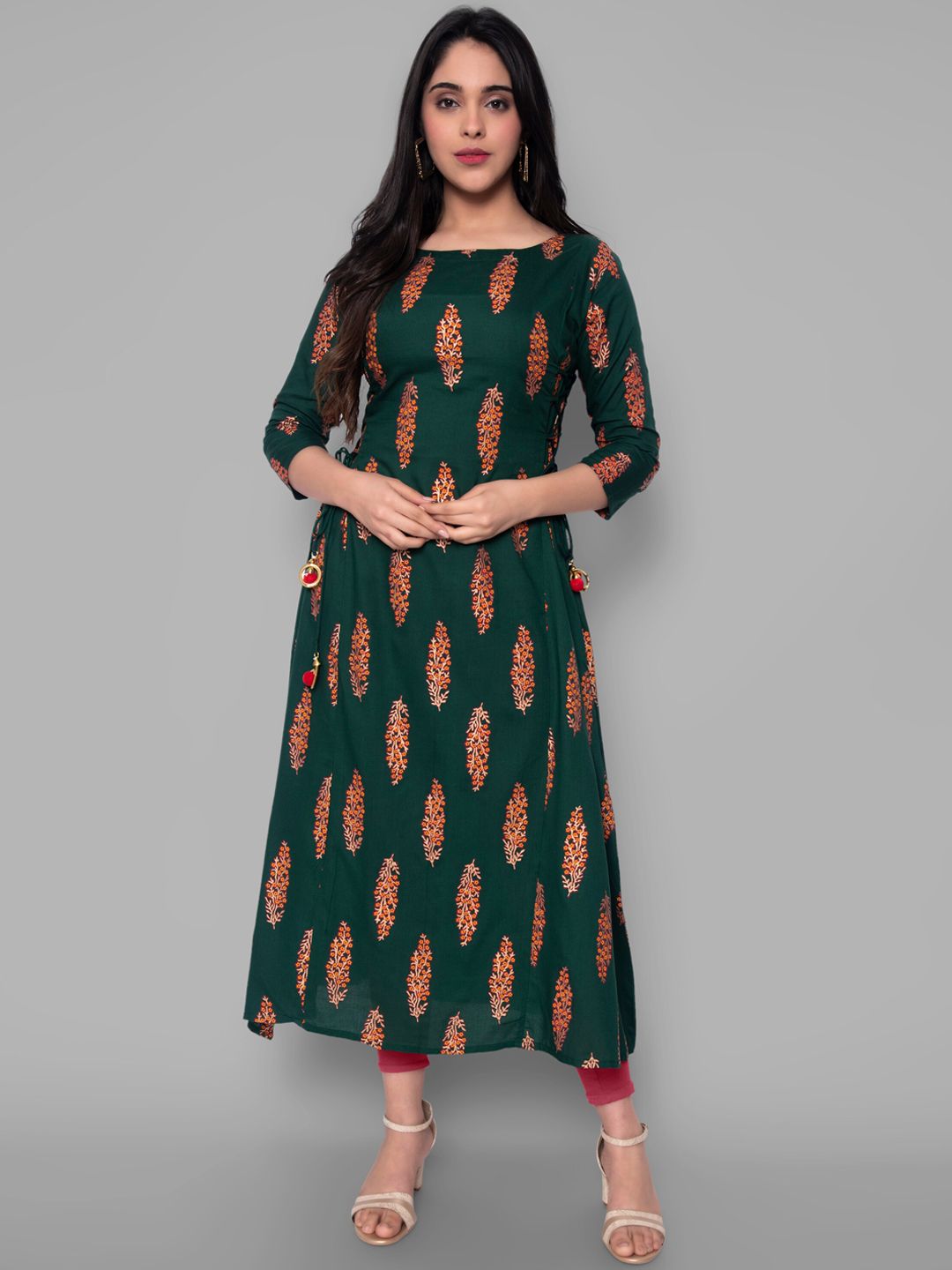 KALINI Women Green Ethnic Motifs Printed Flared Sleeves Handloom Kurta Price in India