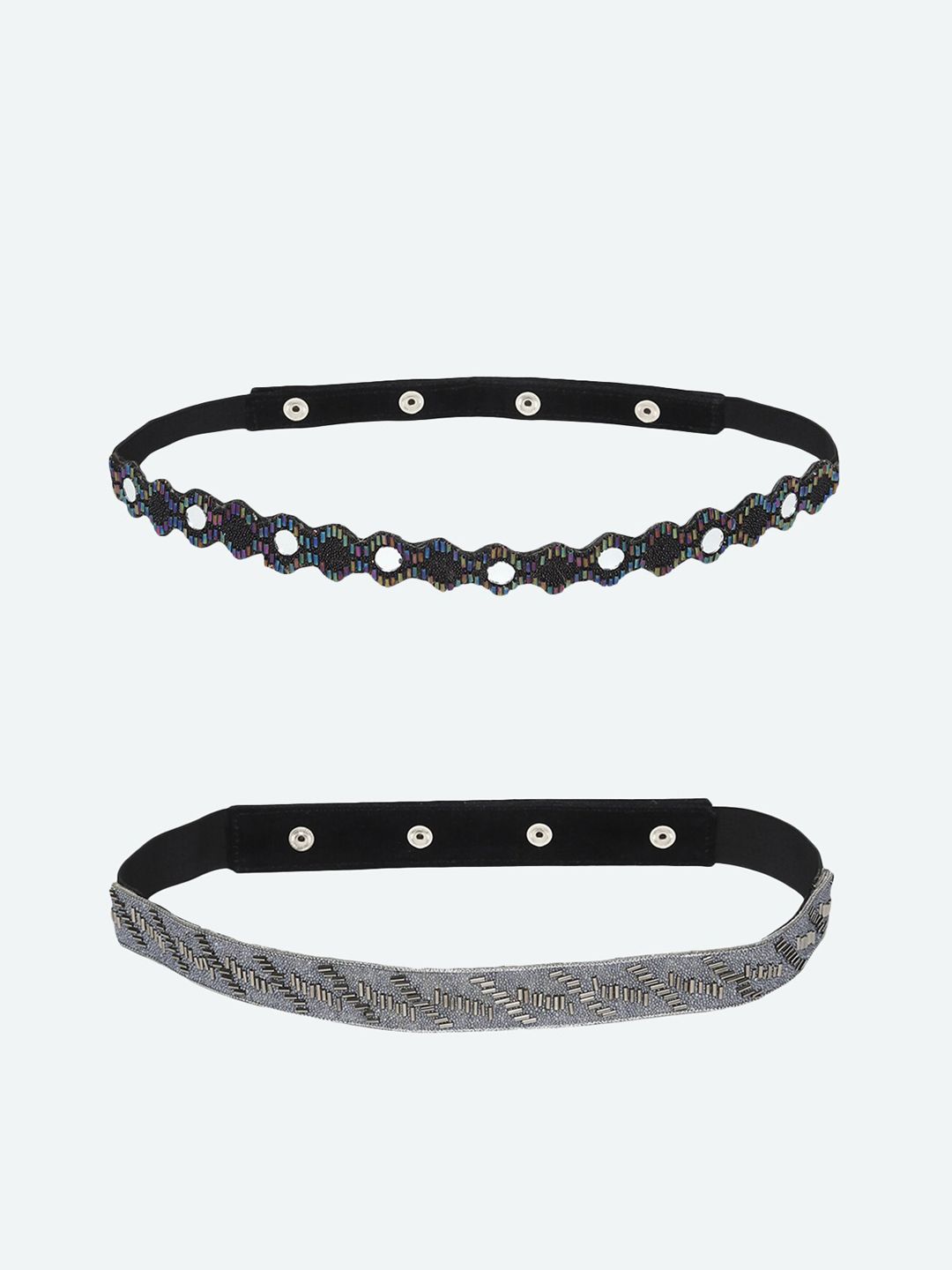 DEEBACO Women Set Of 2 Grey & Black Embellished PU Belt Price in India