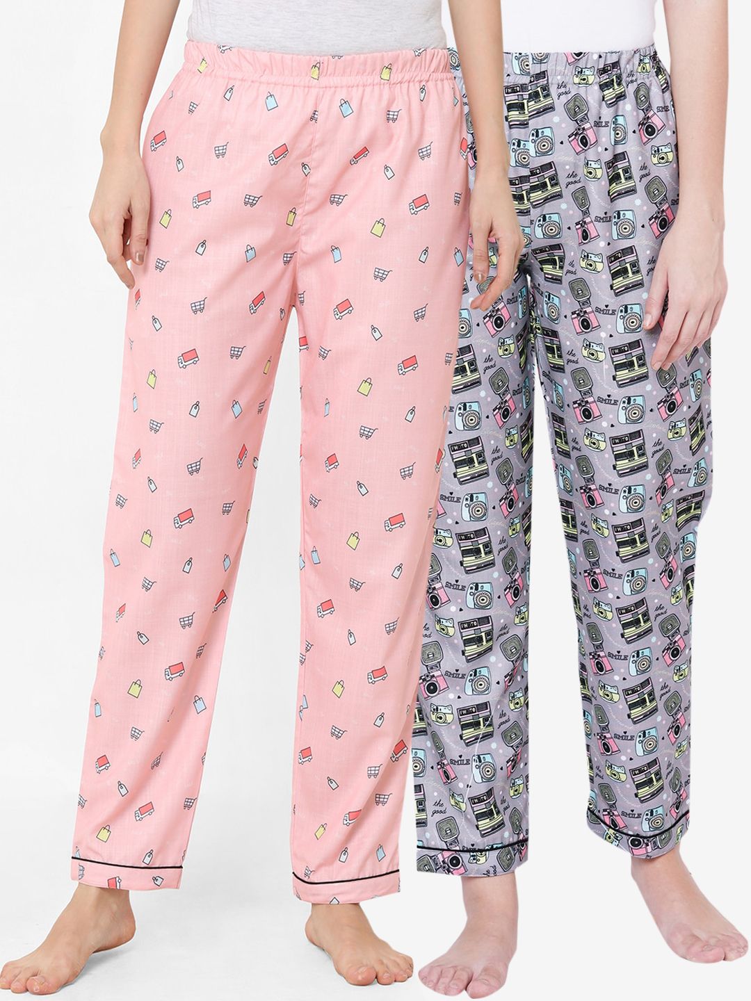 FashionRack Women Pack Of 2 Grey & Pink Printed Cotton Lounge Pants Price in India