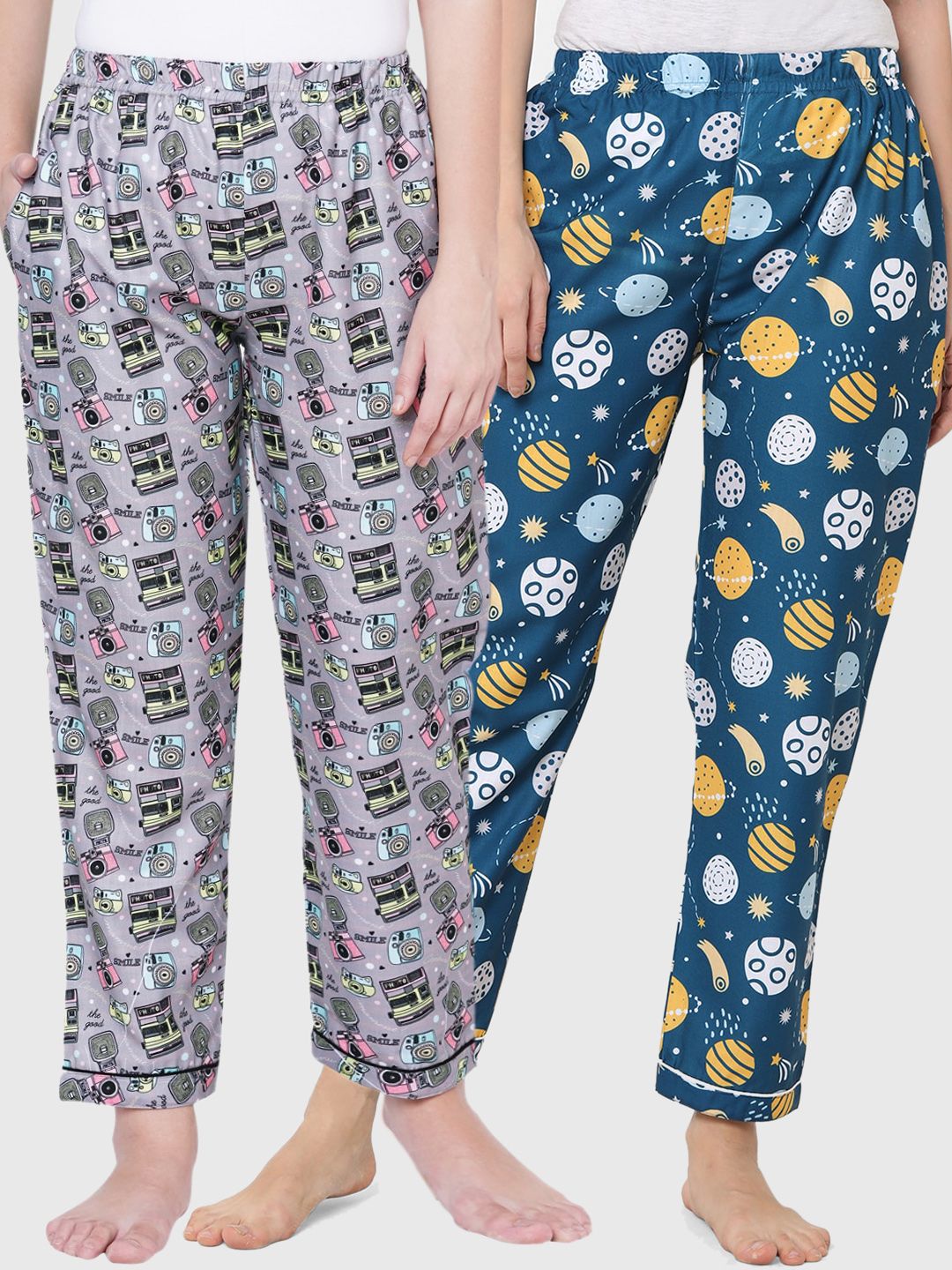 FashionRack Women Pack Of 2 Grey & Navy Blue Printed Lounge Pants Price in India