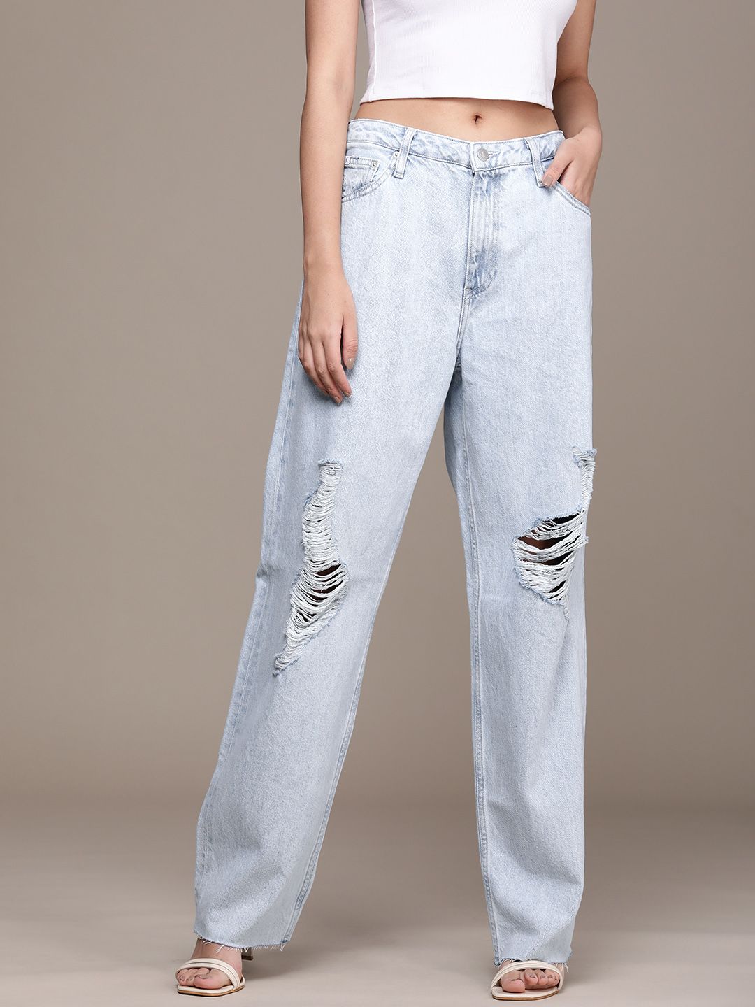 Calvin Klein Jeans Women Blue 90s Straight Fit Highly Distressed Light Fade Jeans Price in India