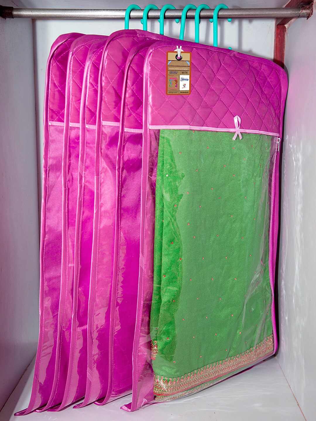 atorakushon Fuchsia & Green Solid Set of 6 Wardrobe Cloth Organizer Price in India
