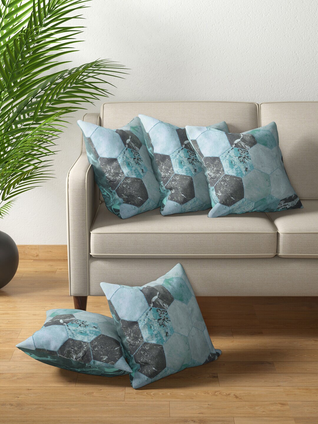 PETAL HOME Set Of 5 Teal & Grey Geometric Printed Cotton Square Cushion Covers Price in India