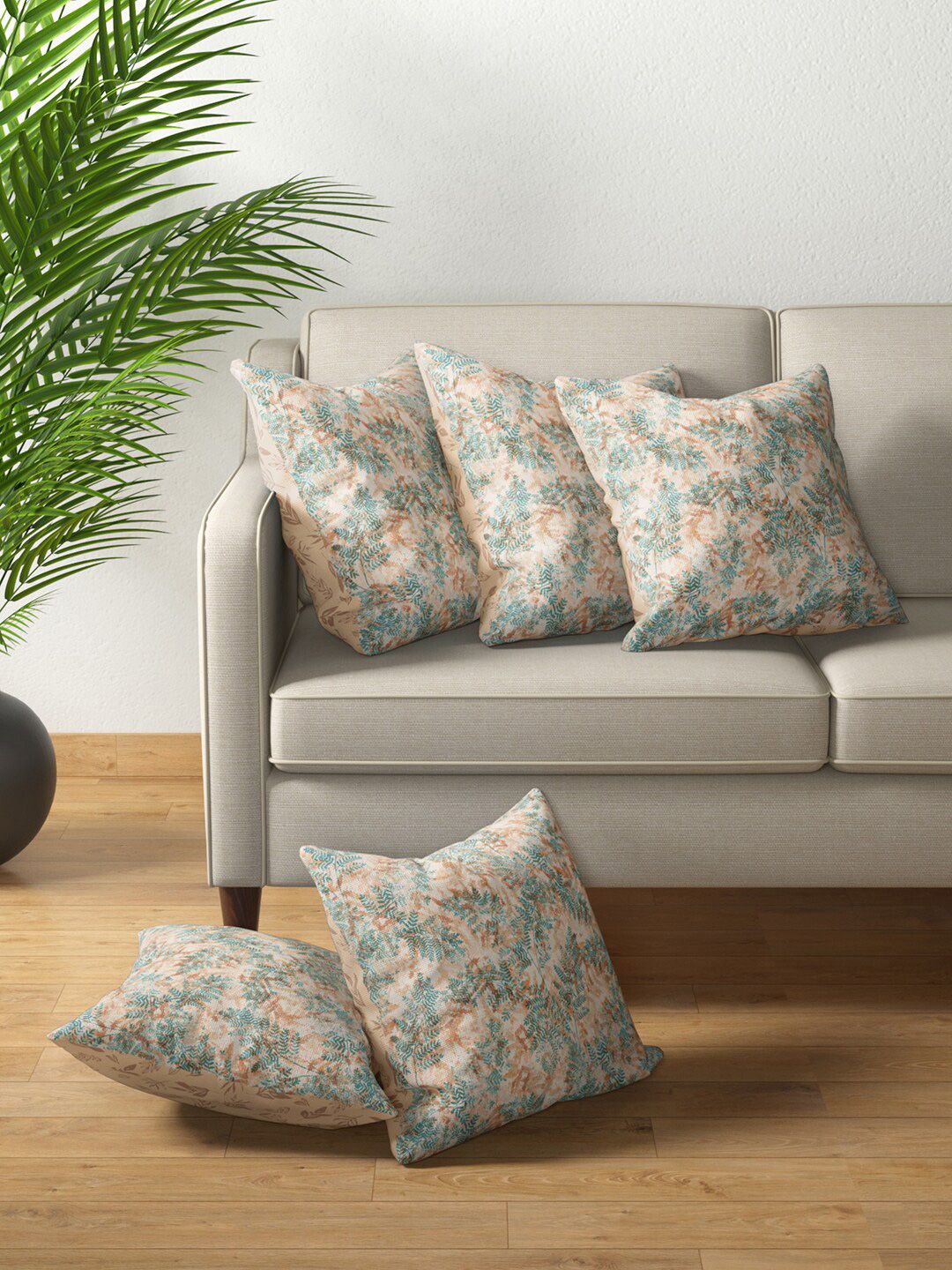 PETAL HOME Orange & Turquoise Blue Set of 5 Floral Square Cushion Covers Price in India