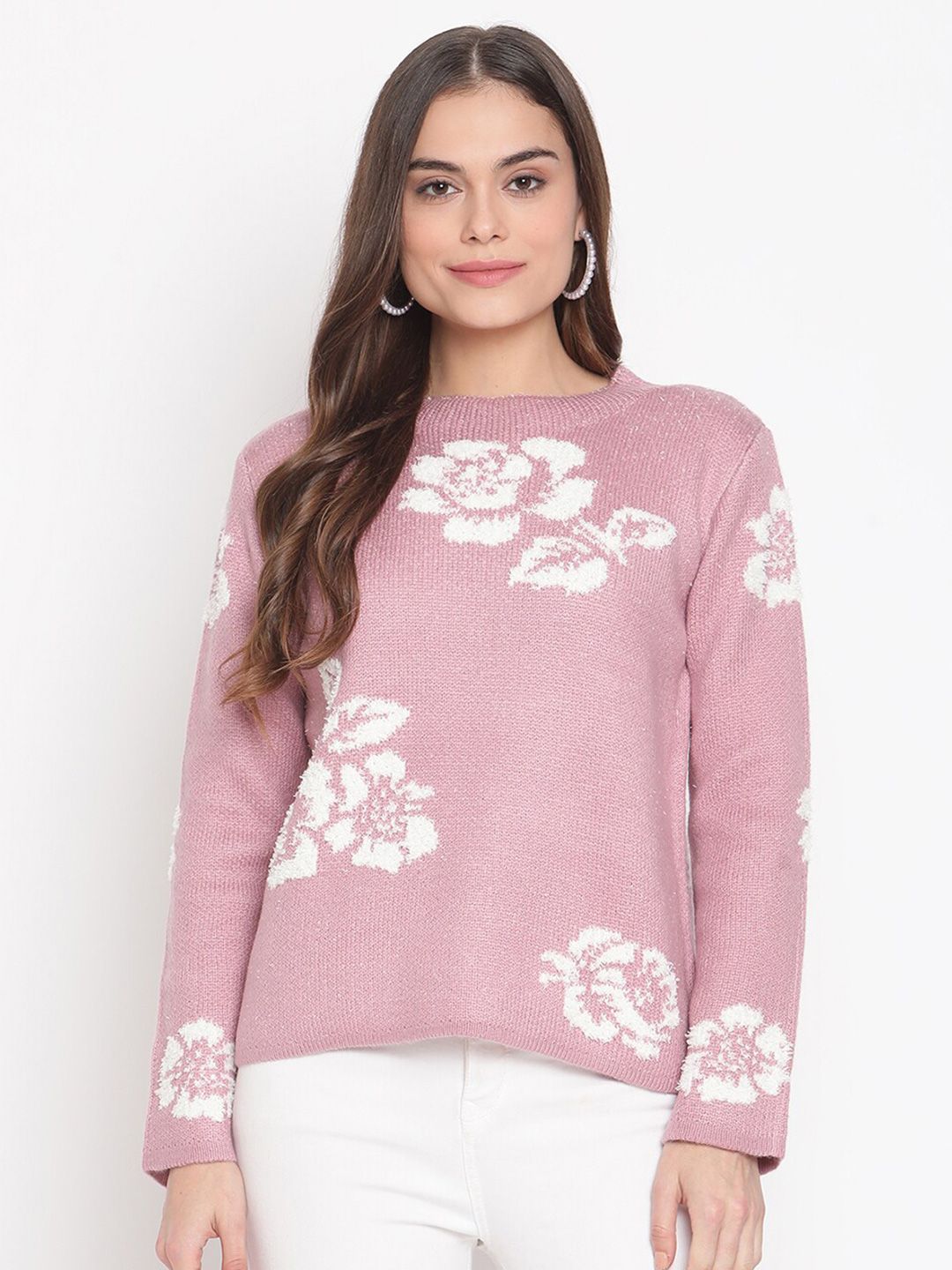Madame Women Mauve & White Floral Printed Woolen Pullover Price in India