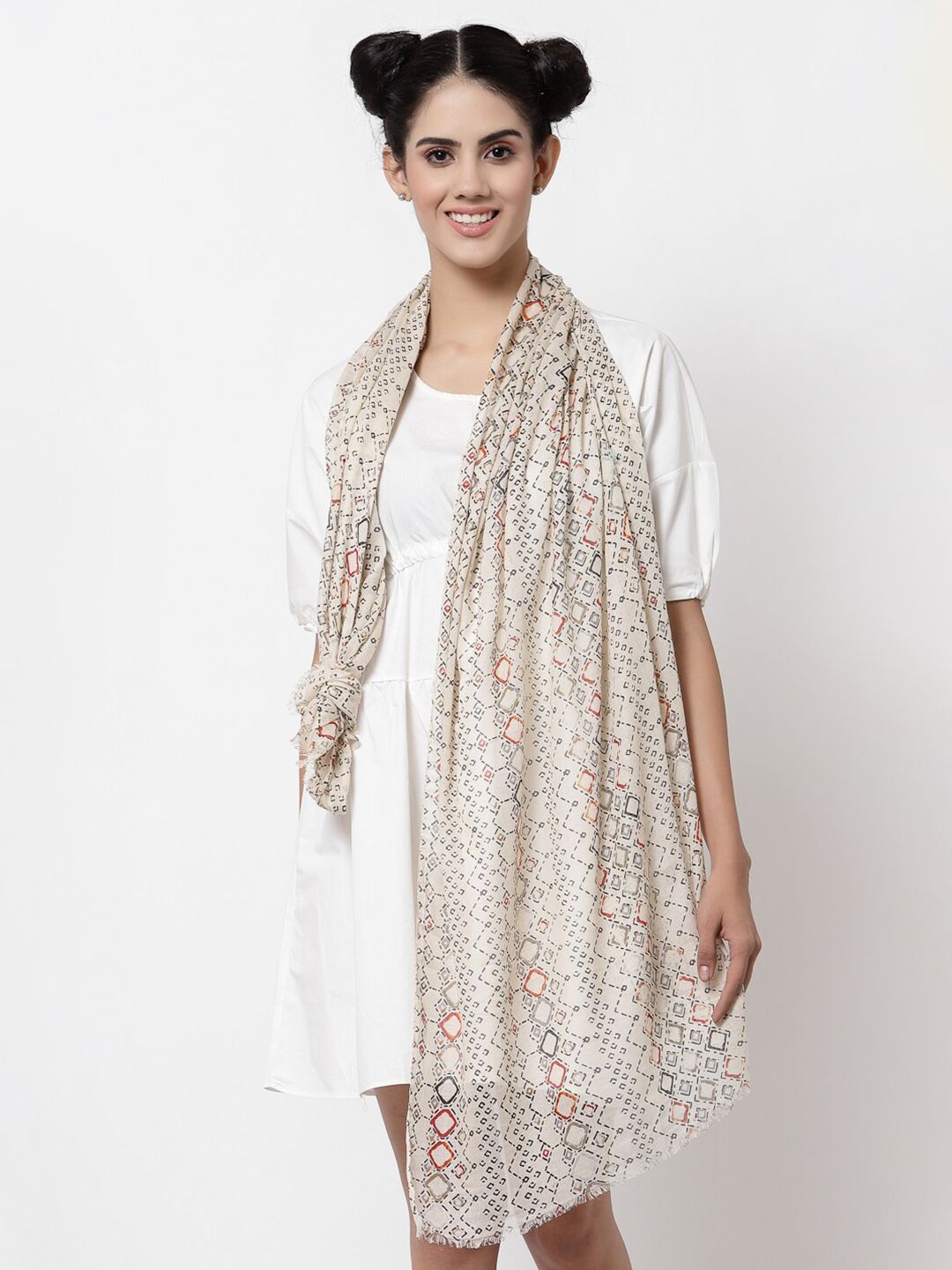 J Style Women Cream-Coloured & Blue Printed Pure Cotton Stole Price in India