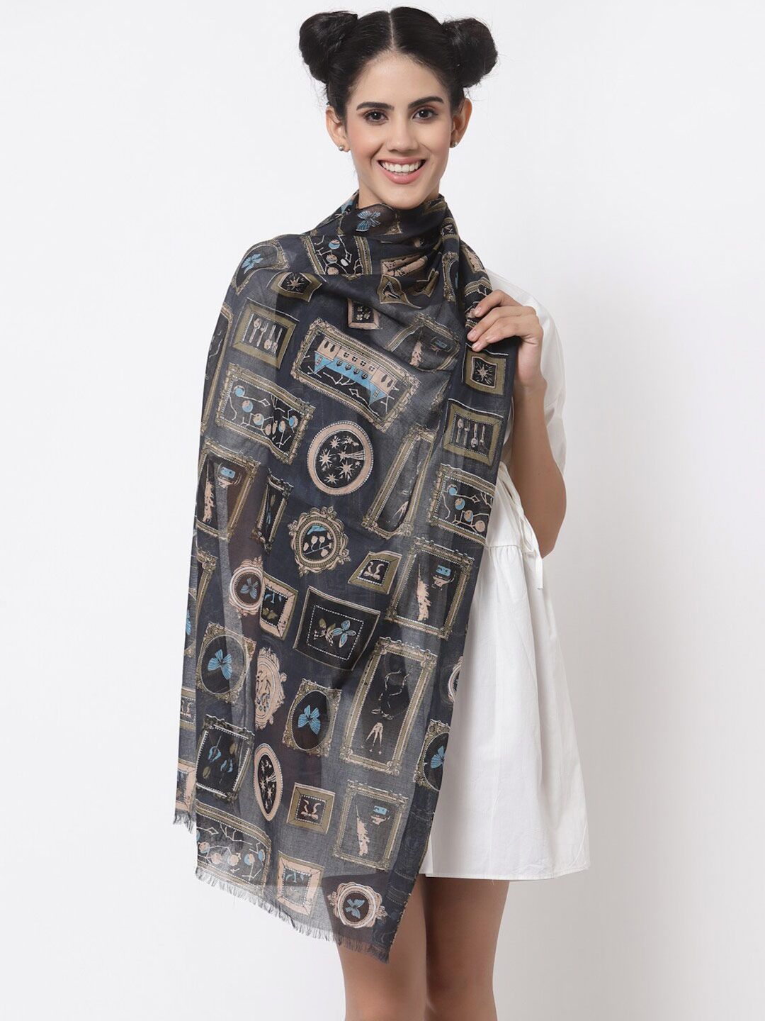 J Style Women Black & Blue Printed Stole Price in India