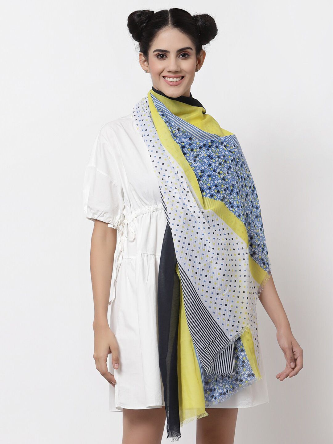 J Style Women Yellow & Blue Printed Stole Price in India