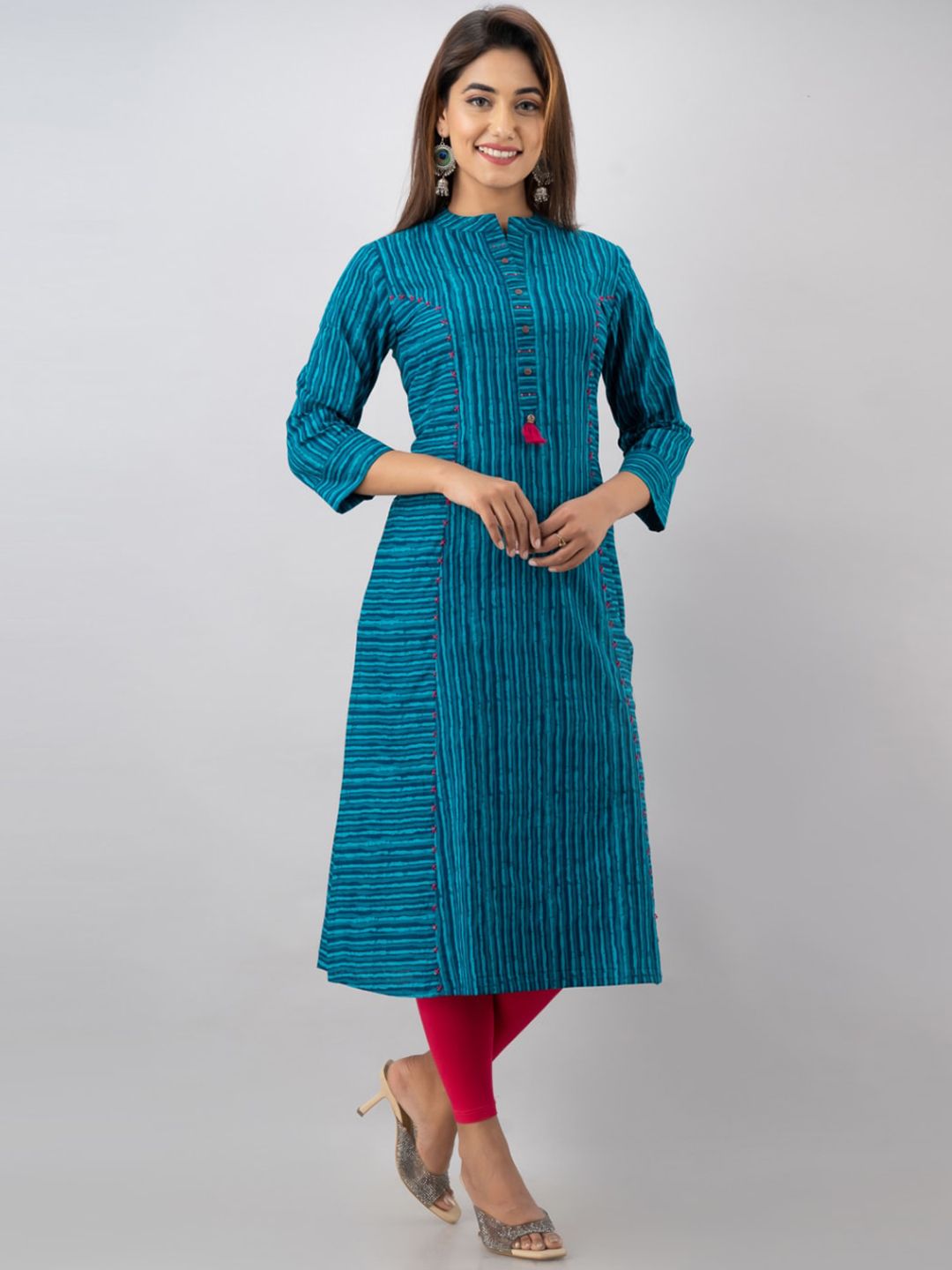 KALINI Women Turquoise Blue & Pink Striped Cotton A-line Kurta Price in India