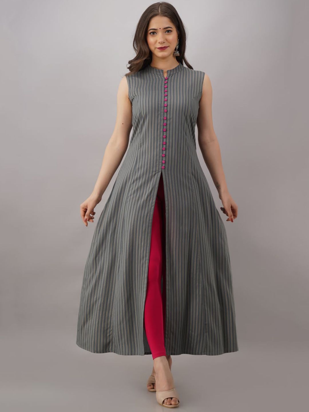 KALINI Women Grey & Gold-Toned Striped Anarkali Kurta Price in India