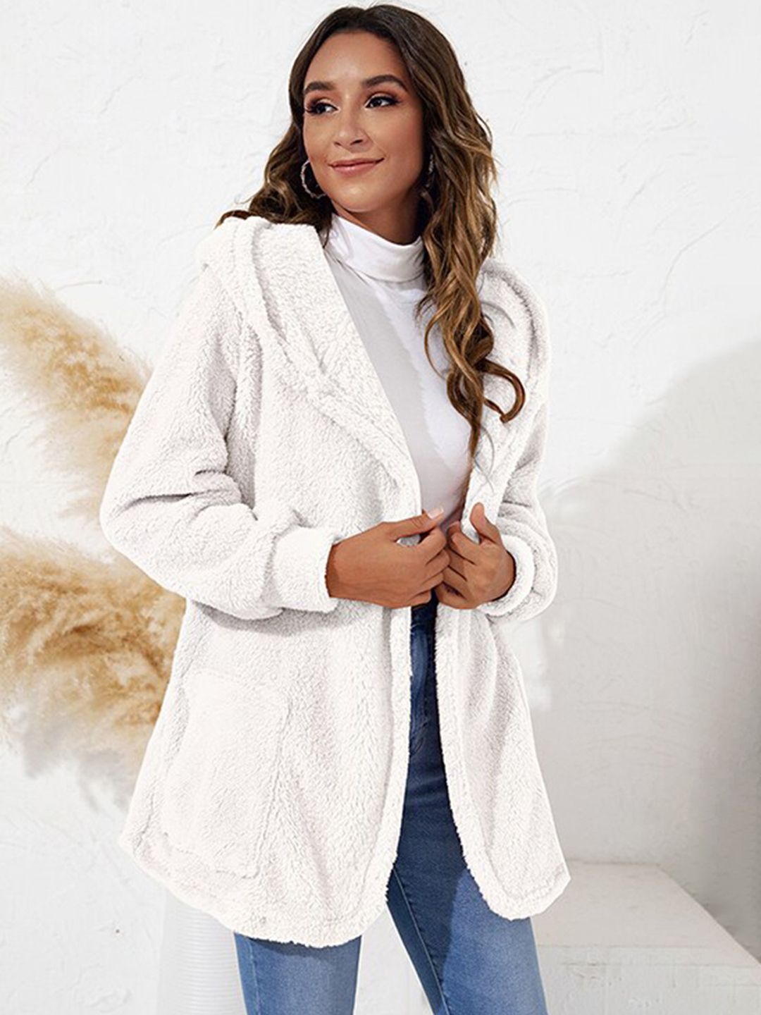 BelleRUE Women White Solid Hooded Open Front Jacket Price in India