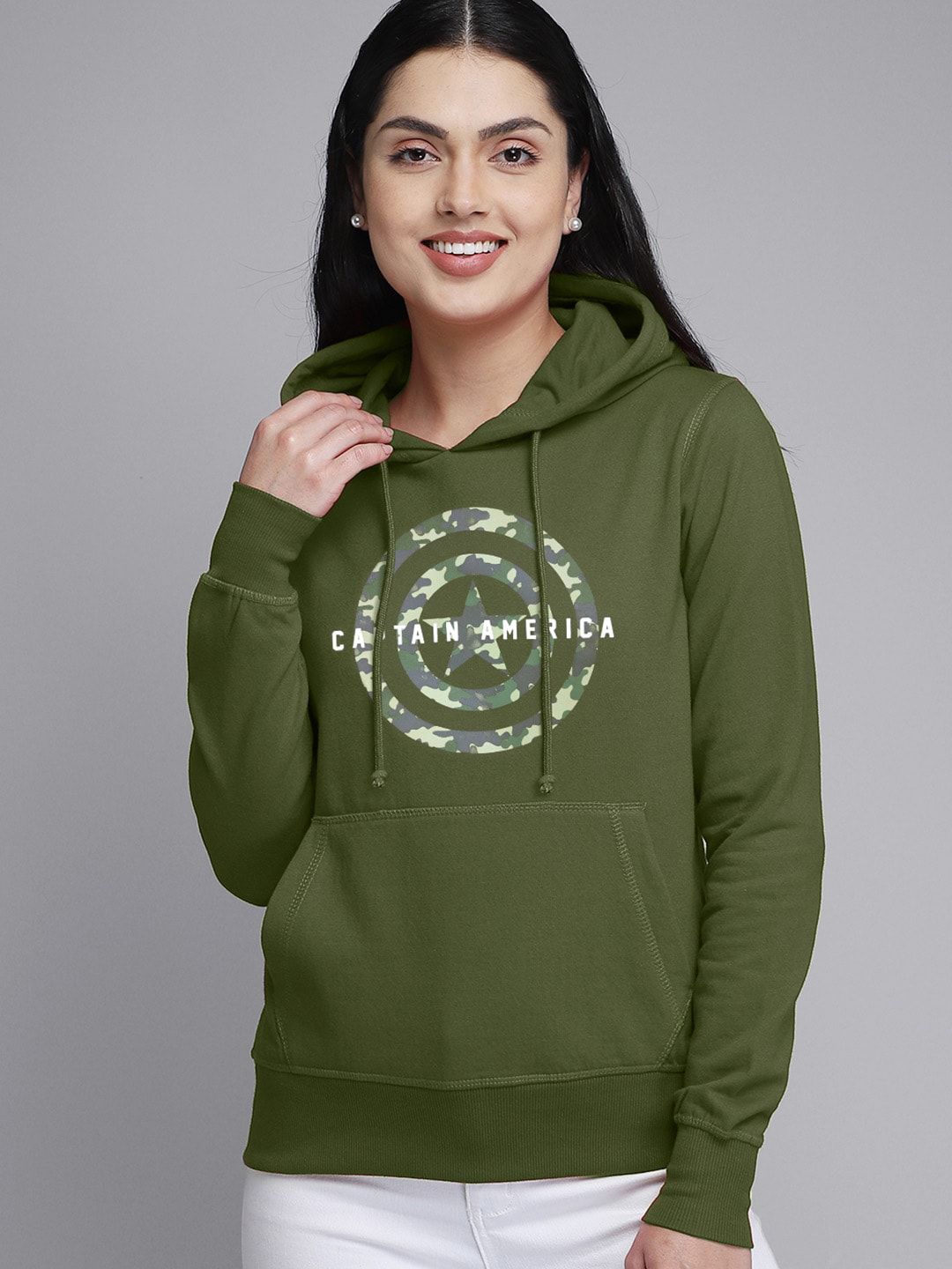 Free Authority Captain America Women Olive Green Printed Hooded Sweatshirt Price in India