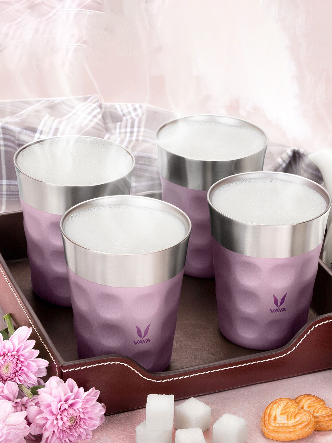 Vaya Purple & Silver-Toned Textured Stainless Steel Matte Cups Set of Cups and Mugs Price in India