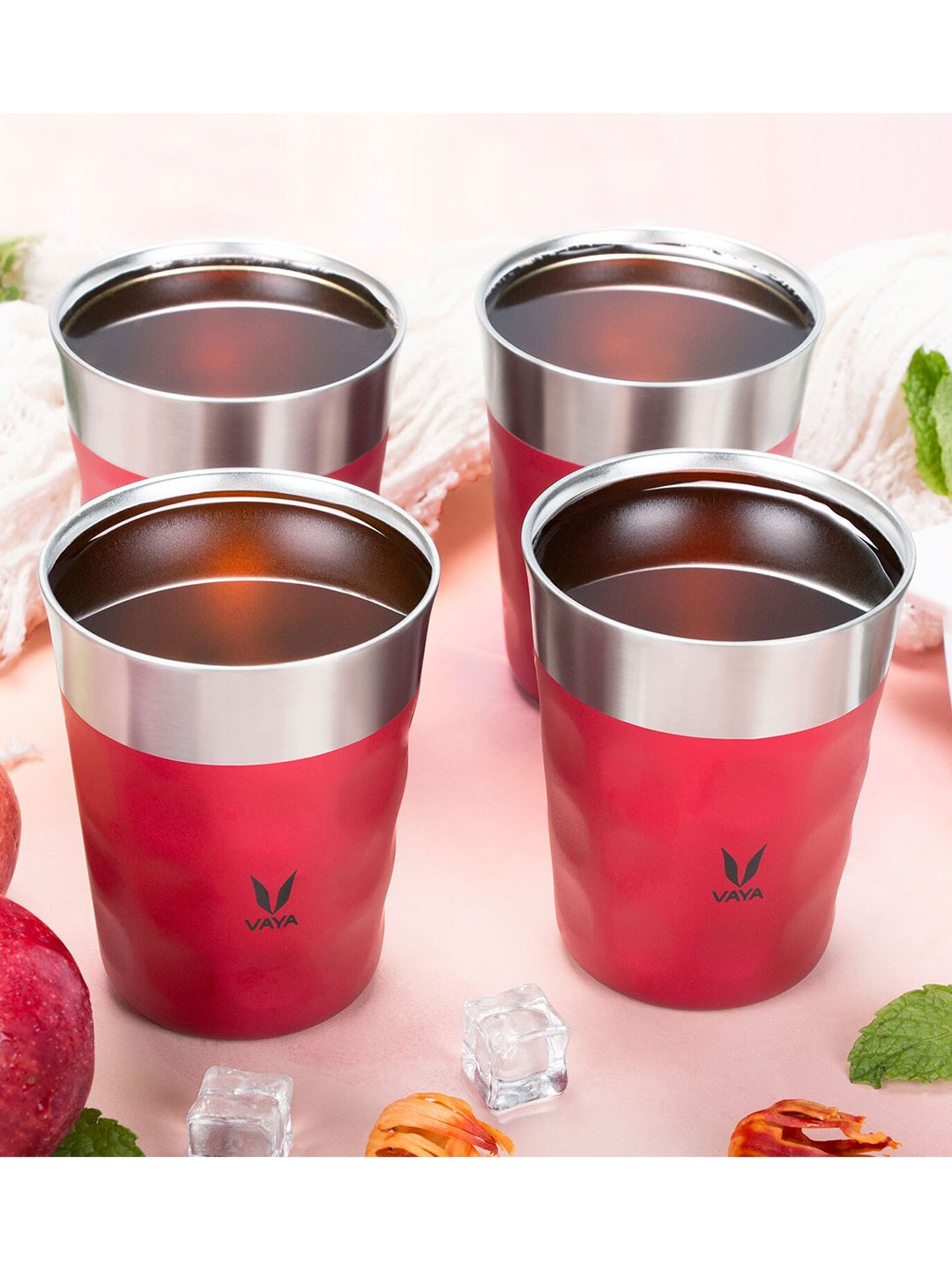 Vaya Red & Silver-Toned Solid Stainless Steel Matte Kulladhs Set of Cups and Mugs Price in India