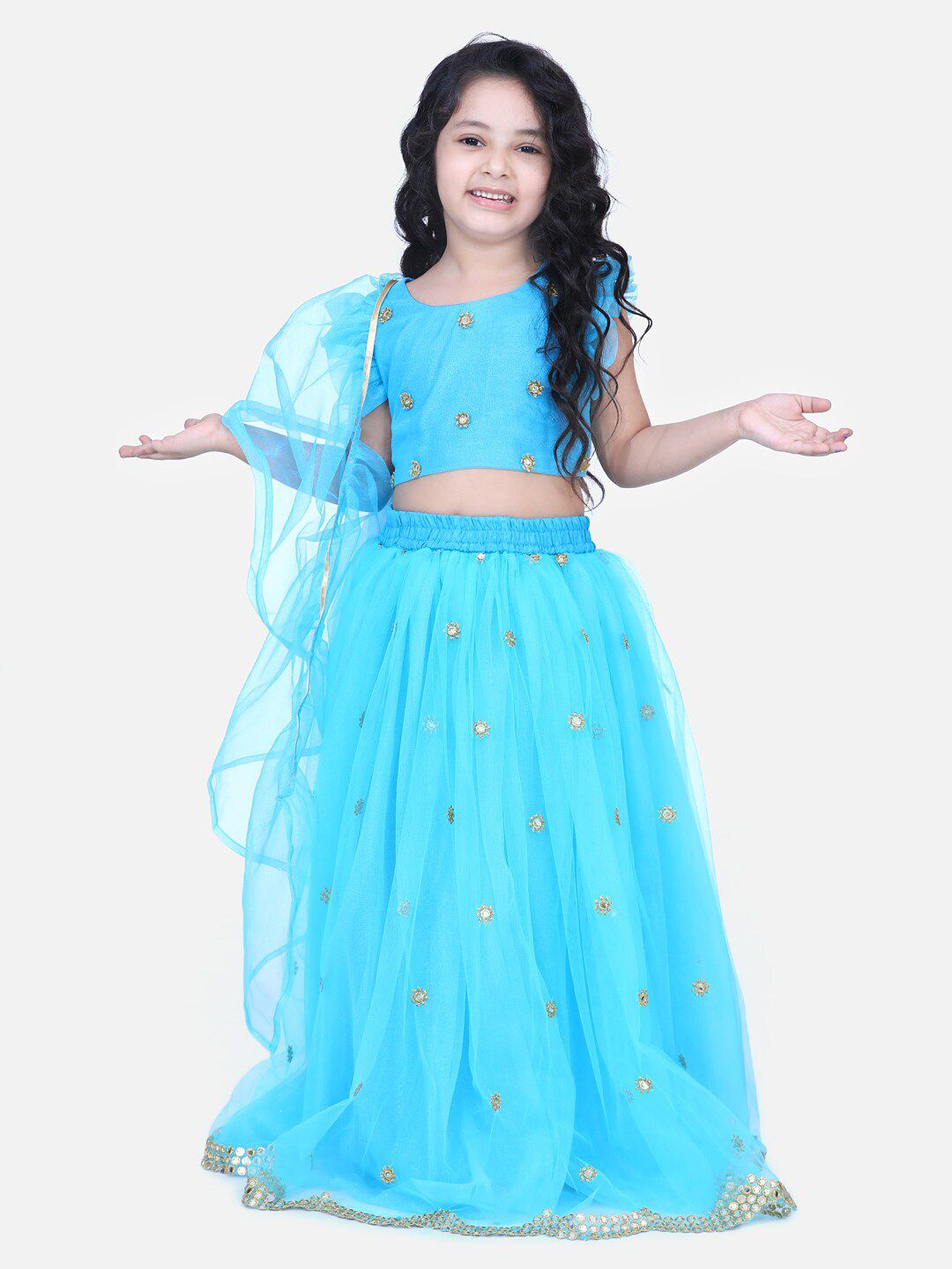 Samsara Couture Girls Blue & Gold-Toned Beads and Stones Ready to Wear Lehenga & Dupatta