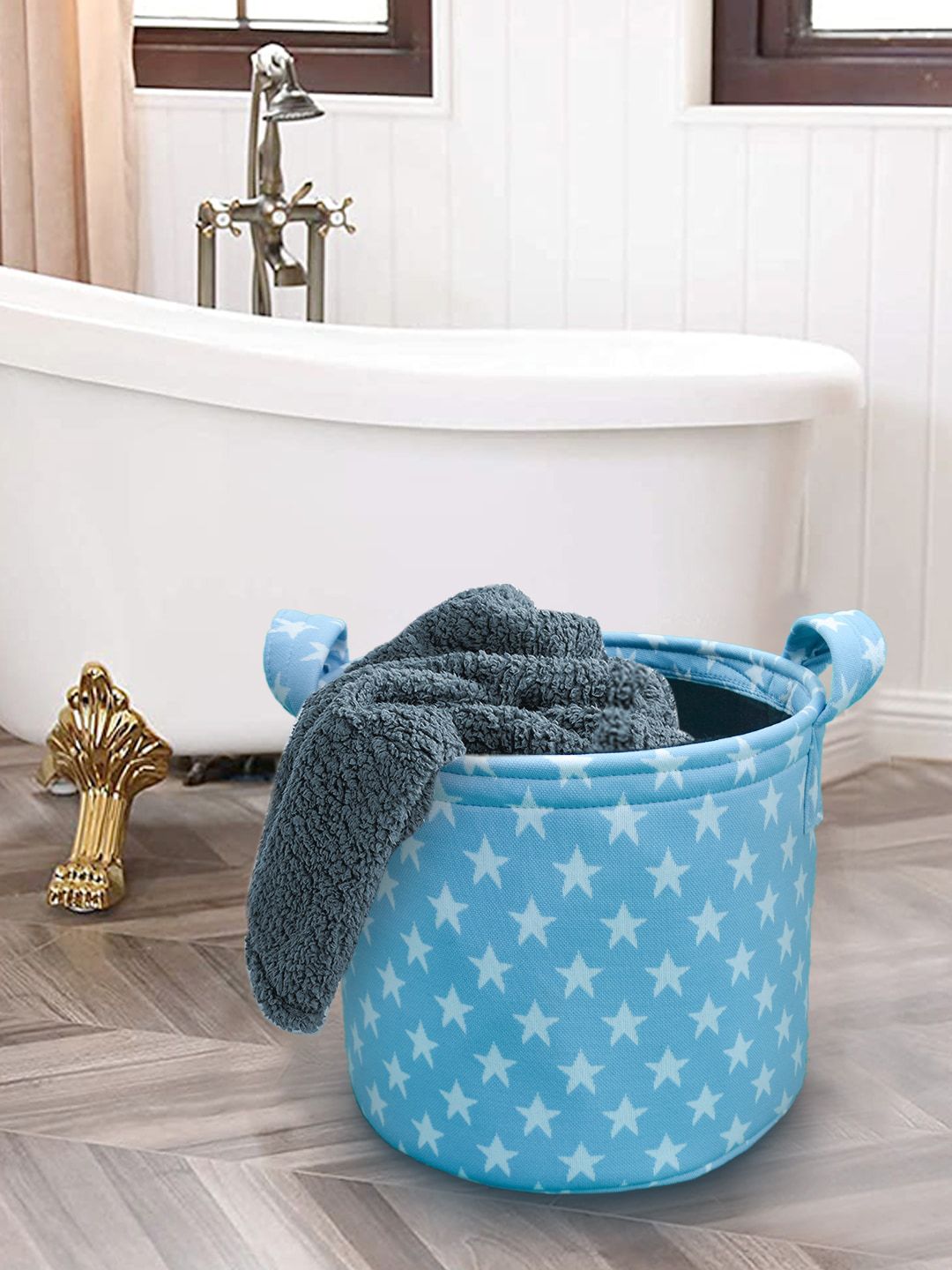 Hippo Blue & White Printed Laundry Basket Price in India