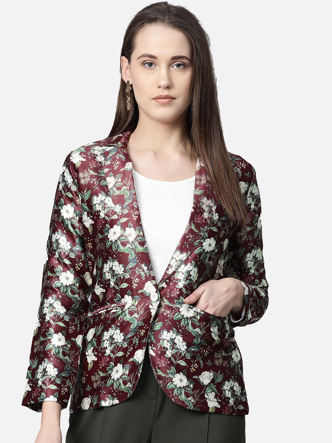 Jompers Women Maroon & White Floral Printed Single Breasted Blazer Price in India