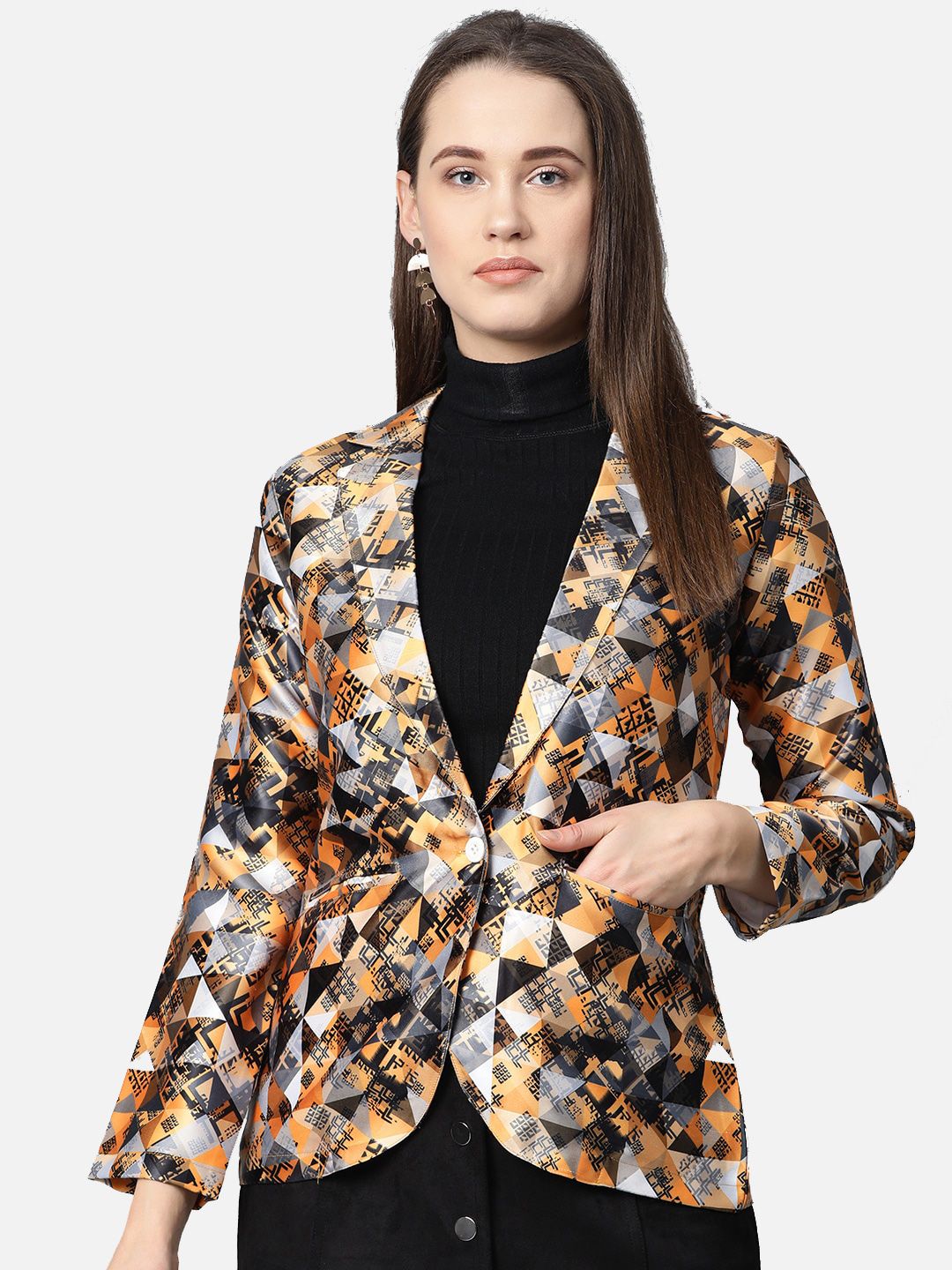 Jompers Women Mustard-Yellow & Black Printed Single-Breasted Casual Blazer Price in India