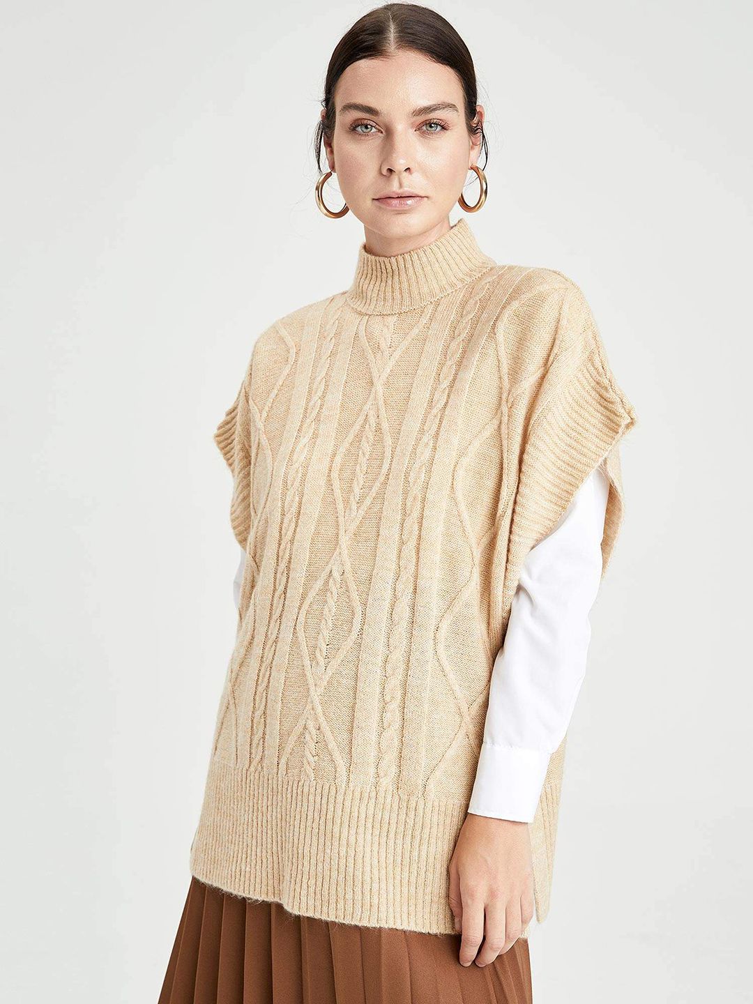 DeFacto Women Beige Cable Knit Self-Design Pullover Price in India
