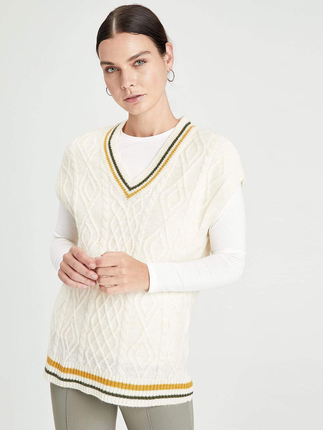 DeFacto Women Off White Cable Knit Sweater Vest Price in India