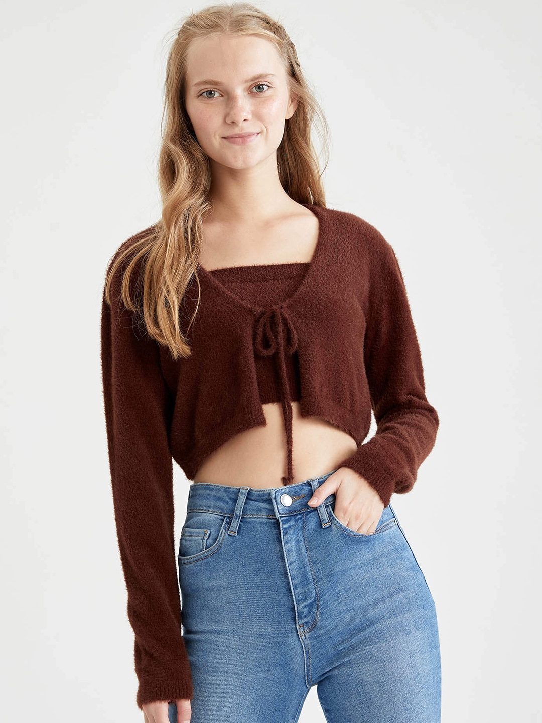 DeFacto Women Coffee Brown Solid Crop Fuzzy Front-Open Sweater with Tie-Up Detail Price in India