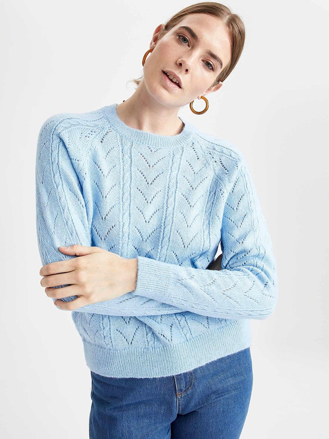 DeFacto Women Blue Open Knit Self-Design Pullover Price in India