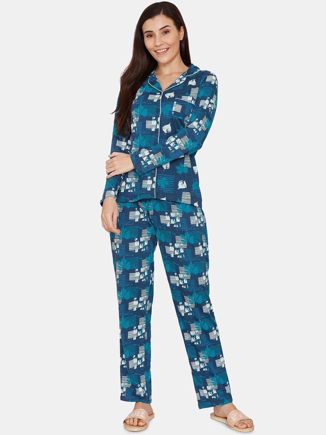 Zivame Women Blue & Grey Printed Pure Cotton Night Suit Price in India