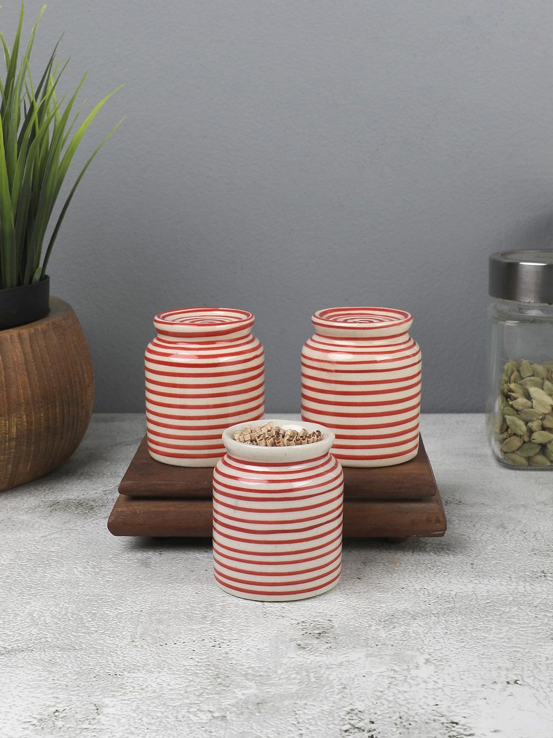 VarEesha Red & White Striped Salt N Pepper With Toothpick Holder Price in India