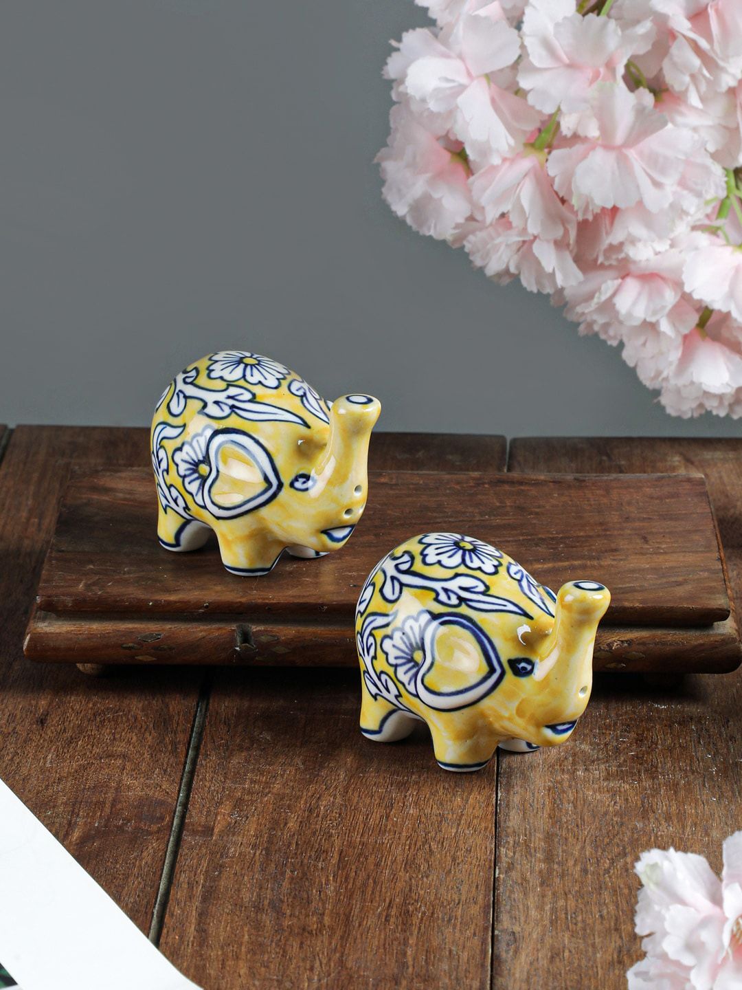 VarEesha Yellow & White Ceramic Elephant Salt & Pepper Setet Price in India