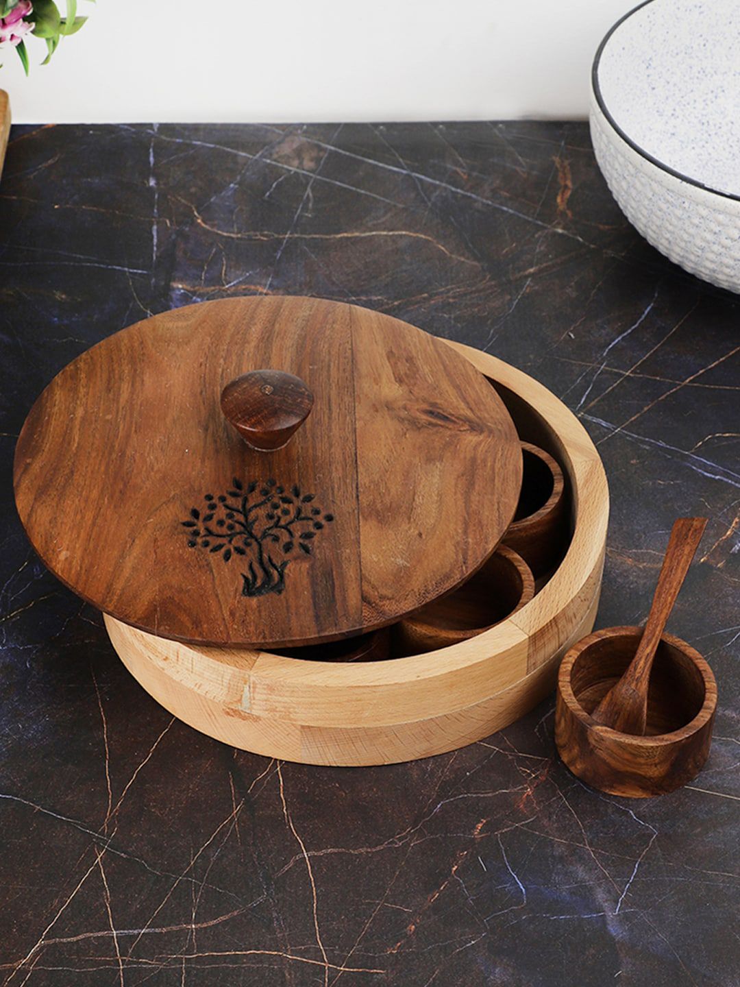 VarEesha Brown Handmade Wooden Spice Box Price in India