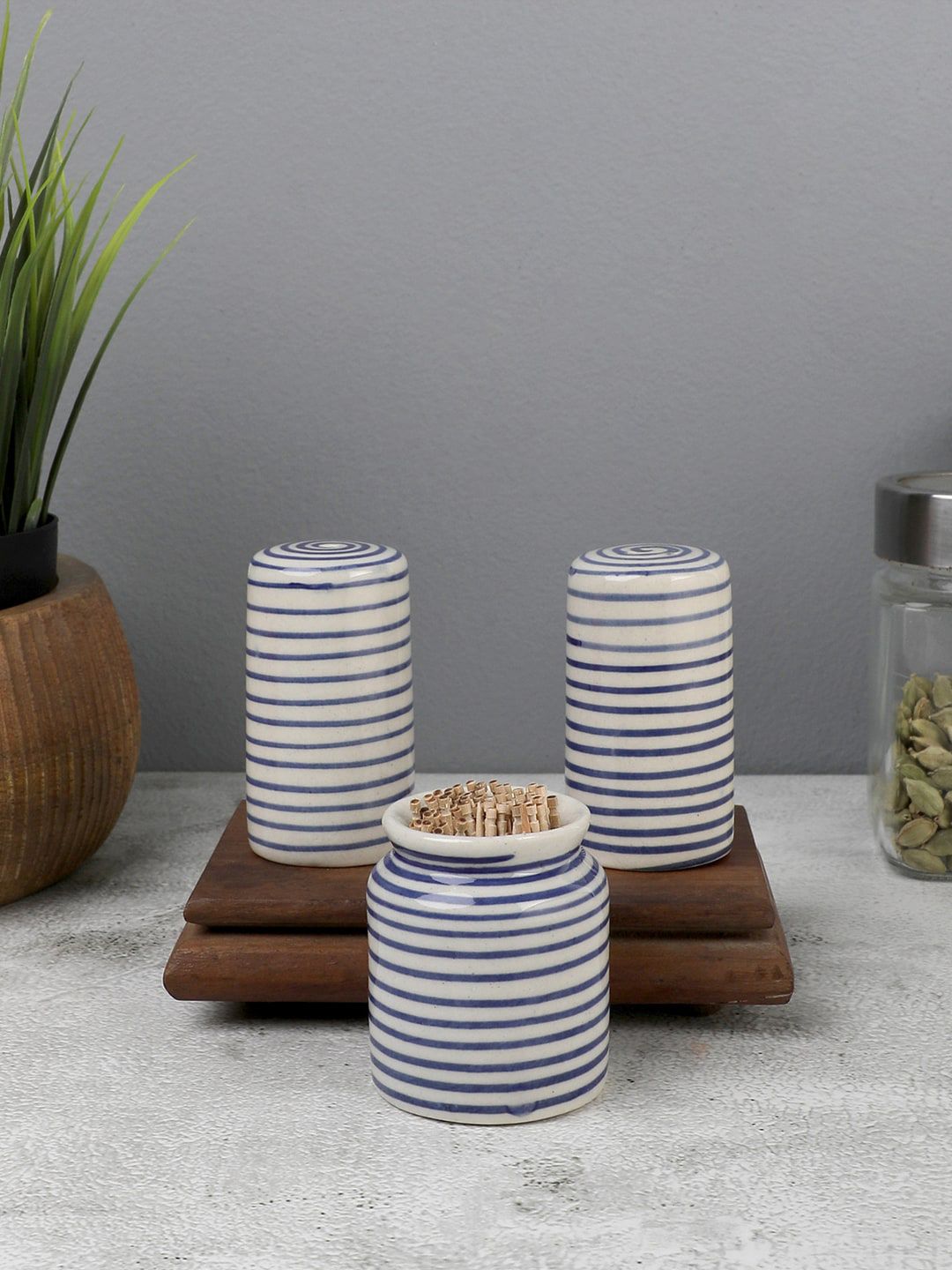 VarEesha White & Blue Cylindrical Salt & Pepper Shaker Set With Toothpick Holder Price in India