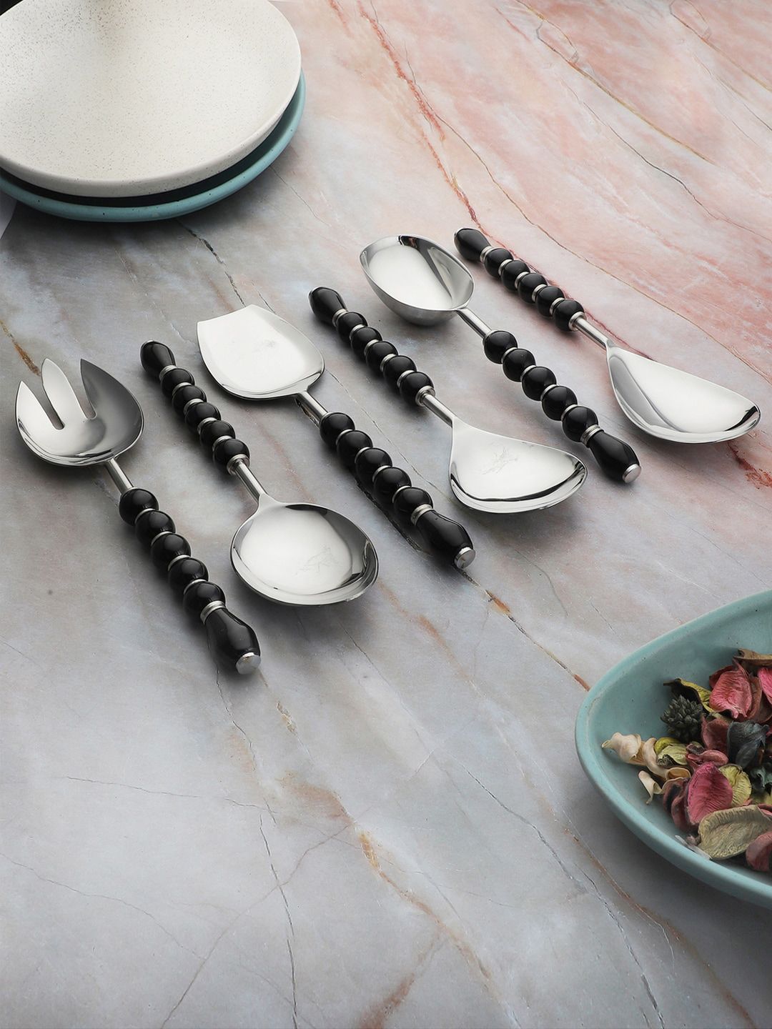 VarEesha Set Of 6 Black Beads Stainless Steel Serving Spoons Price in India