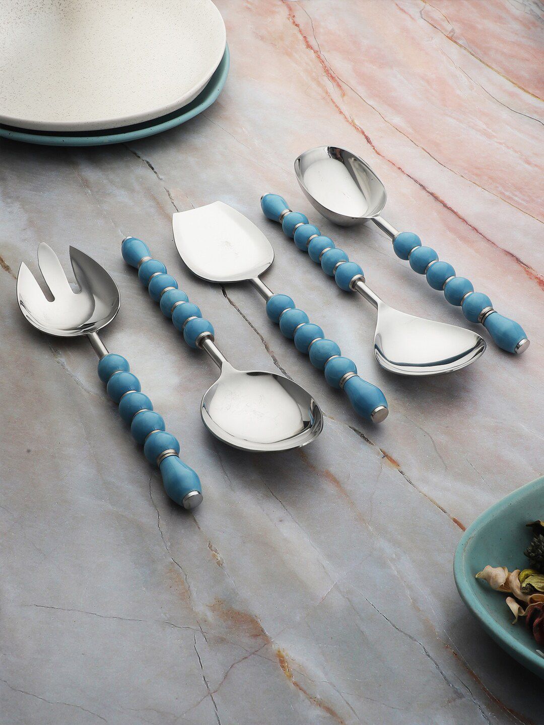 VarEesha Set Of 5 Silver-Toned Blue Beads Stainless Steel Serving Spoons Set Price in India