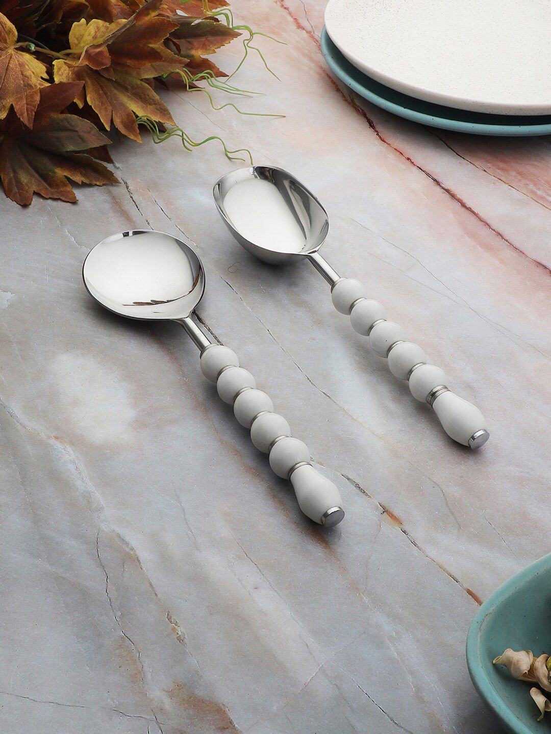 VarEesha Set of 2 Regal White Beads Stainless Steel Serving Spoons Price in India
