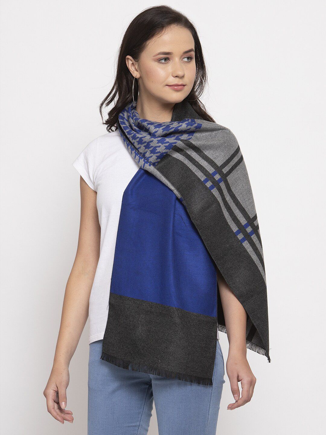 Calvadoss Women Grey & Blue Woven Design Stole Price in India