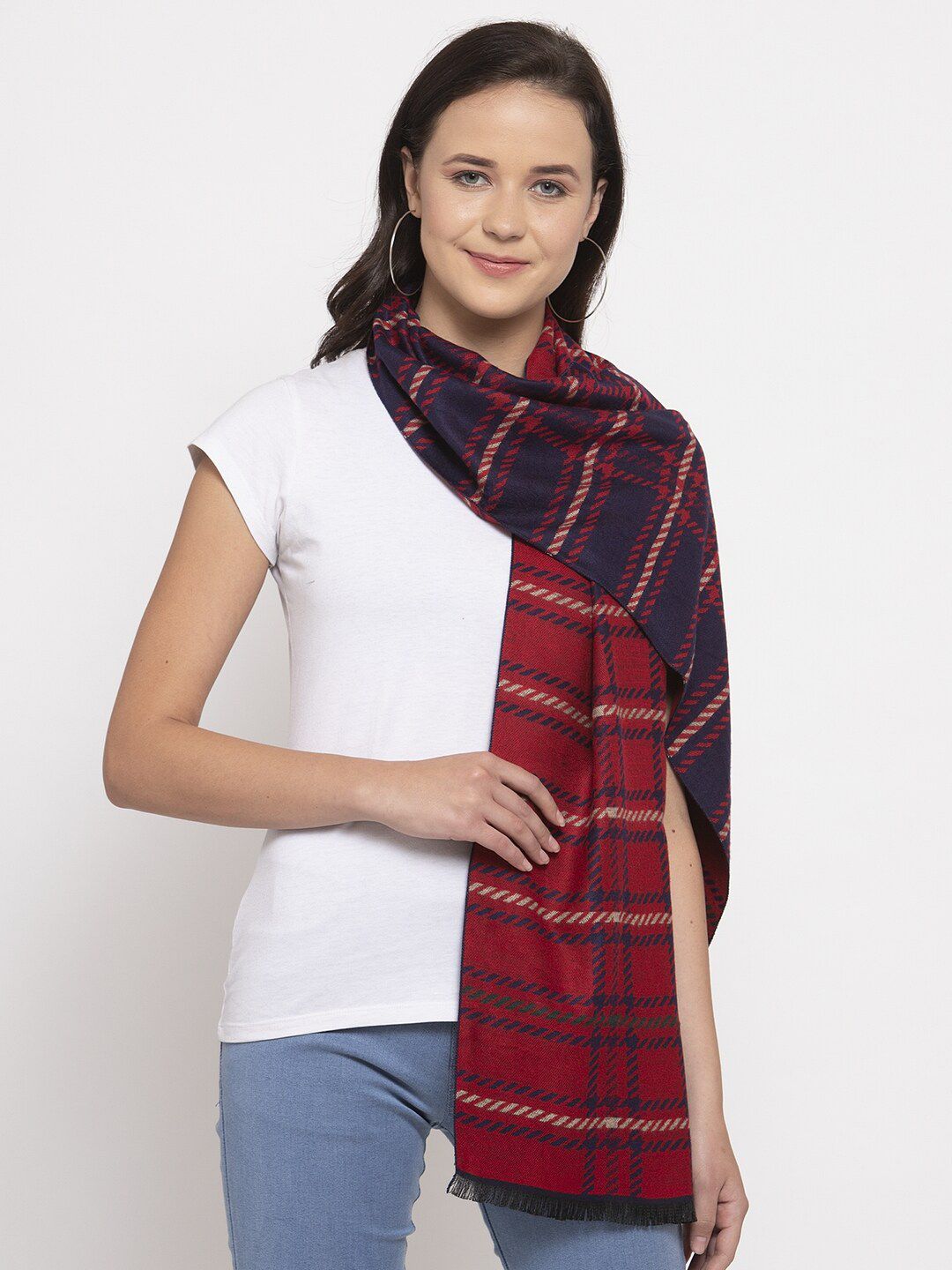 Calvadoss Women Blue & Red Checked Wool Stole Price in India