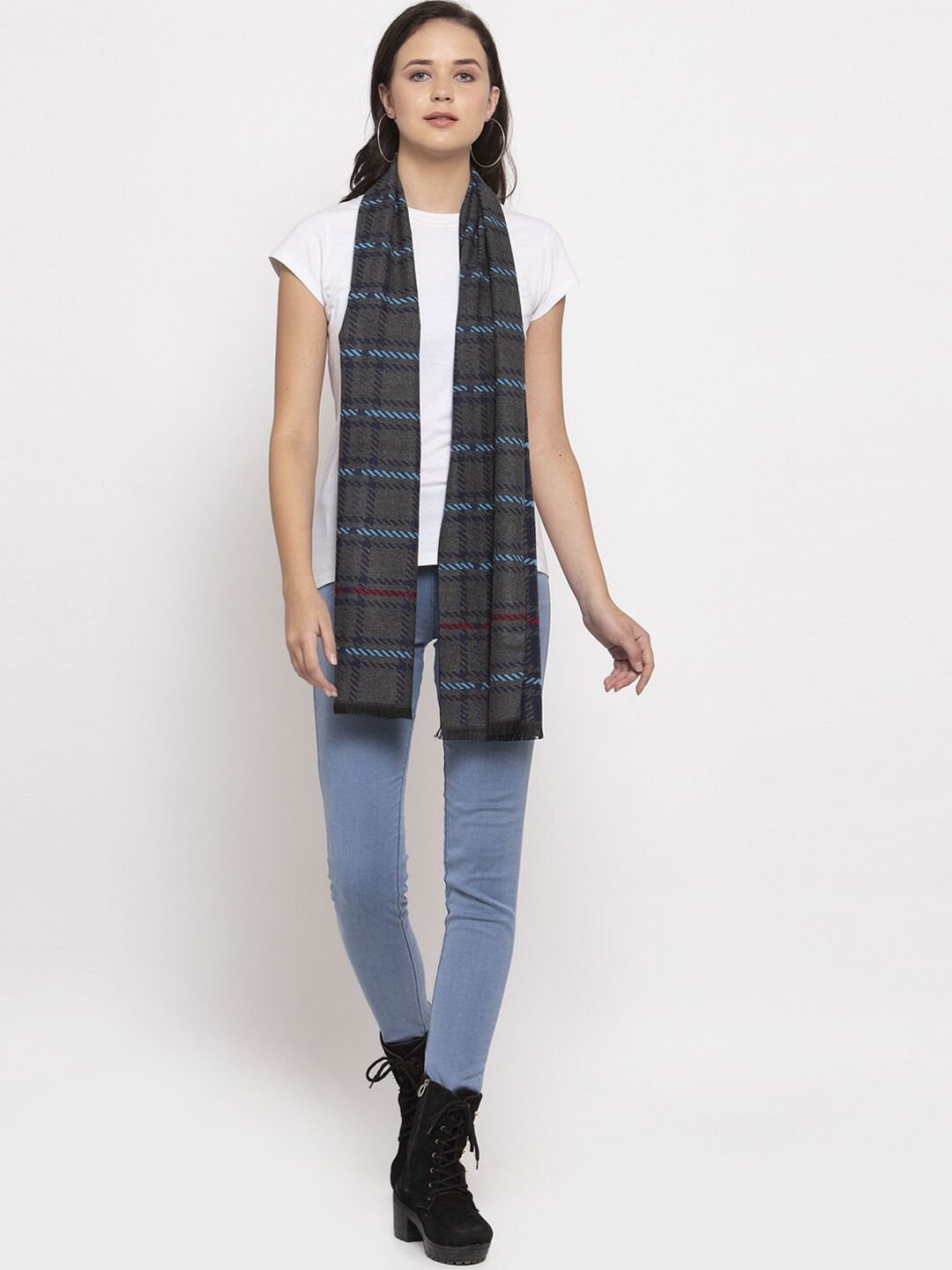 Calvadoss Women Navy Blue & Black Checked Stole Price in India