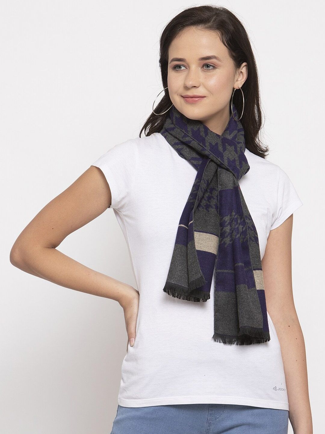 Calvadoss Women Grey & Navy Blue Woven Design Stole Price in India