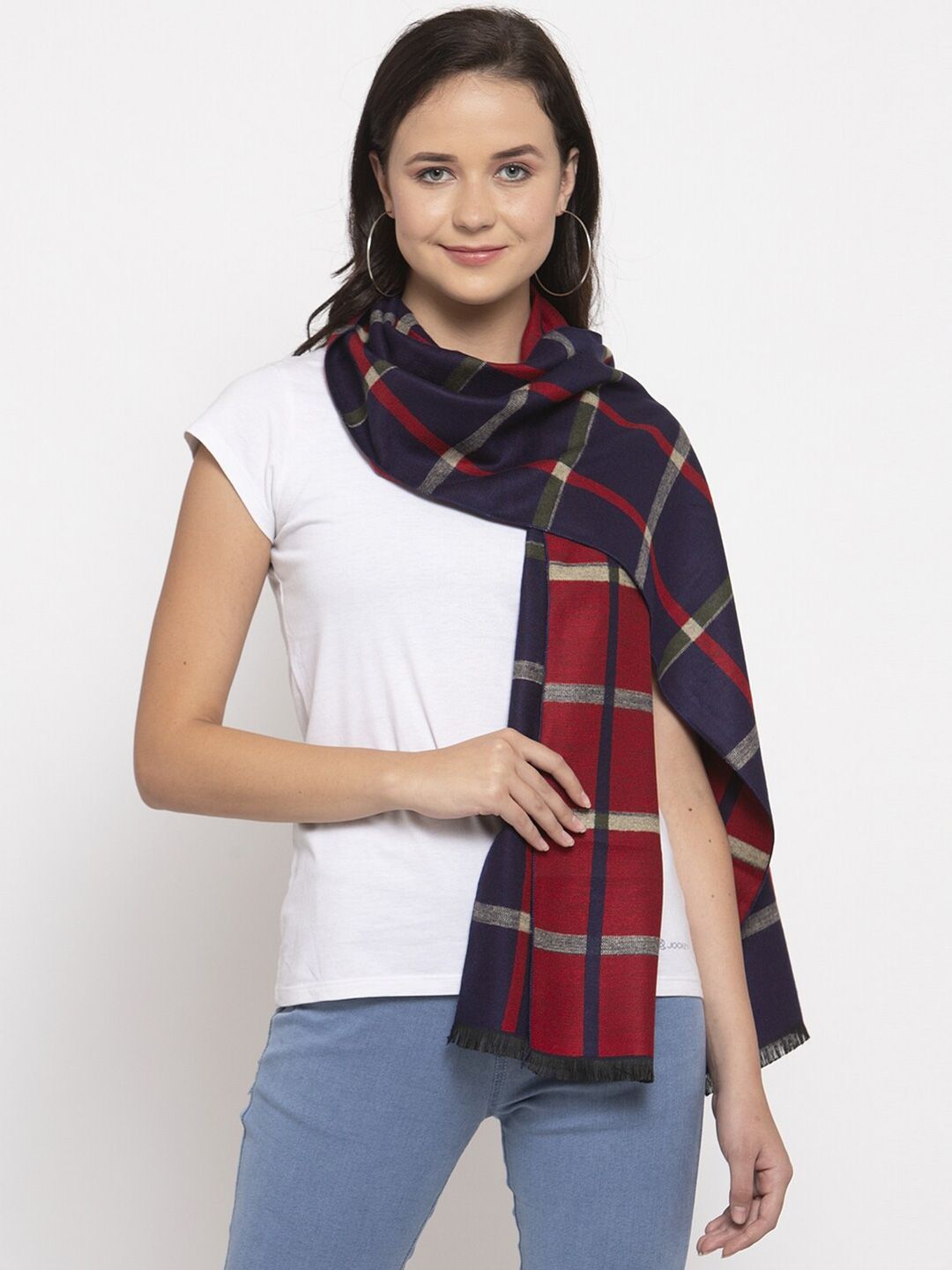 Calvadoss Women Blue & Red Checked Woolen Stole Price in India