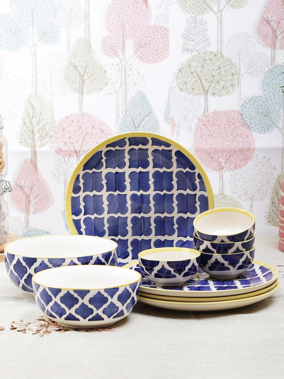 VarEesha Blue & Off White 10 Pieces Handcrafted and Hand Painted Printed Ceramic Glossy Dinner Set Price in India