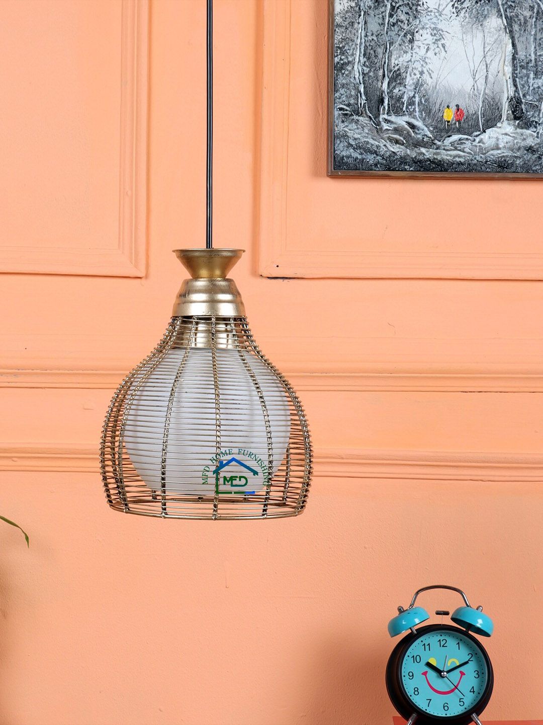 MFD HOME FURNISHING Gold-Toned Textured Antique Cutdoom Glass & Metal Hanging Lamp Price in India