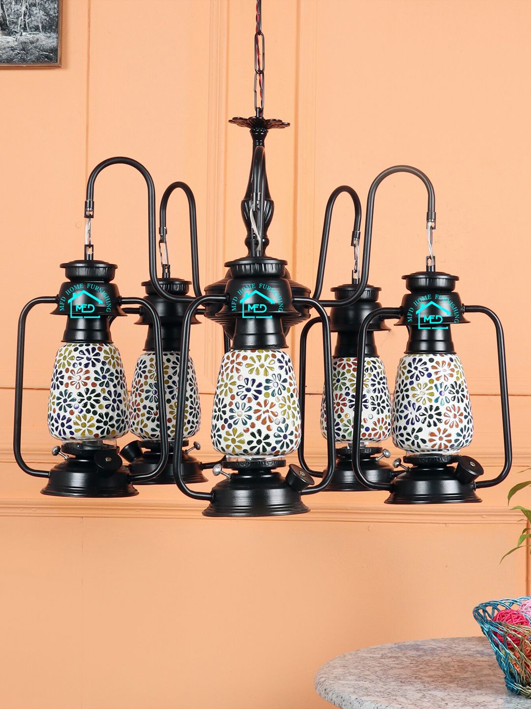 MFD HOME FURNISHING Black Textured Chandelier Traditional Ceiling Lamp Price in India