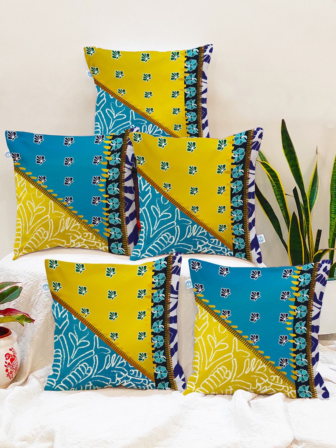STITCHNEST Blue Floral Cotton Lightweight 5 Piece Square Cushion Covers -12x12In
