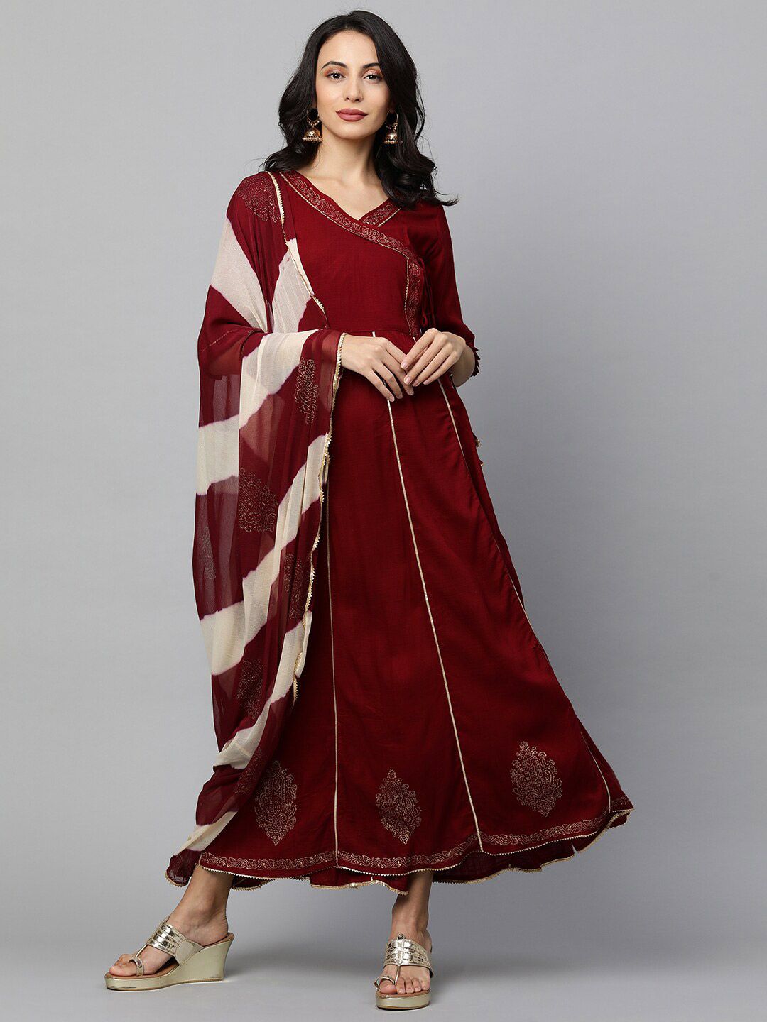 FASHOR Maroon & Gold-Toned Ethnic Motifs Ethnic Maxi Dress With Dupatta Price in India