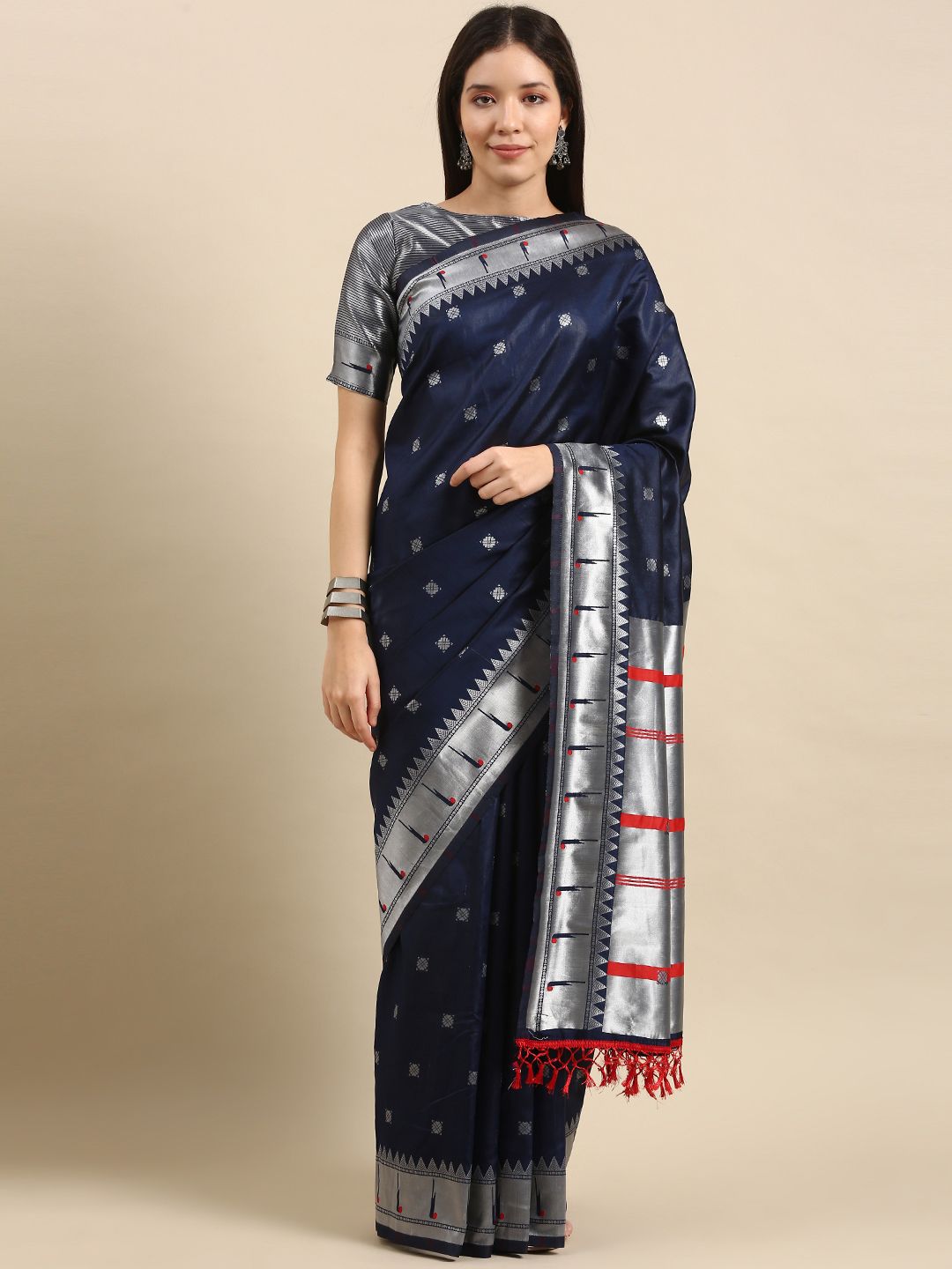 all about you Navy Blue & Grey Woven Design Zari Silk Blend Saree