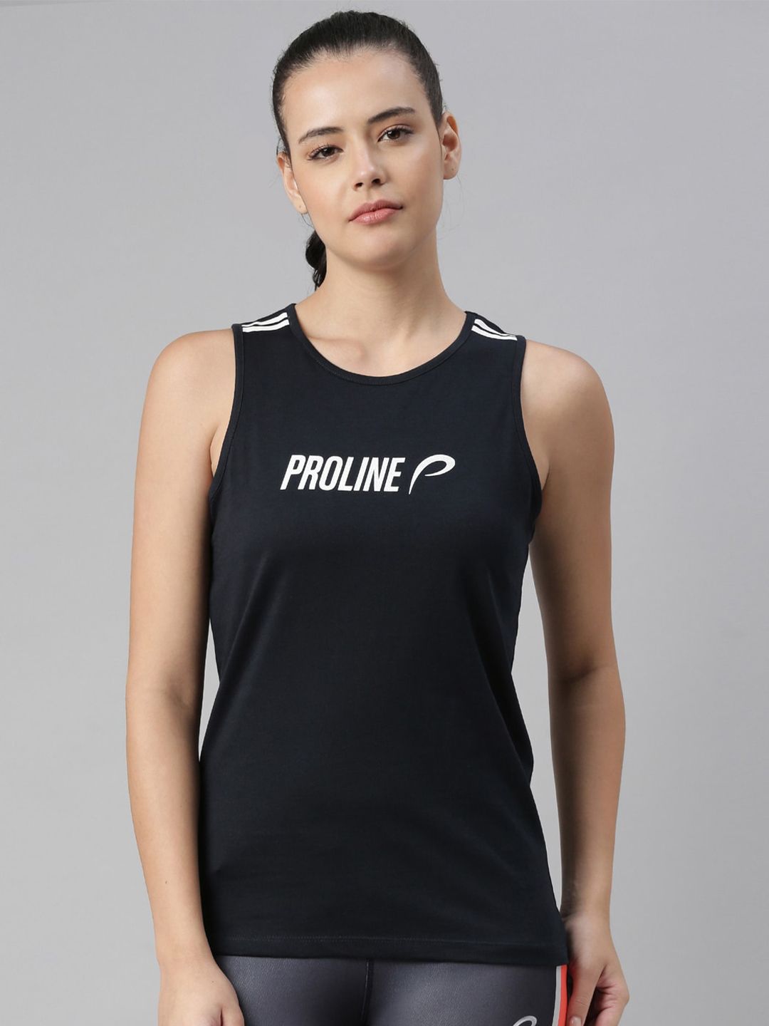 Proline Women Navy Blue Brand Logo Printed T-shirt Price in India