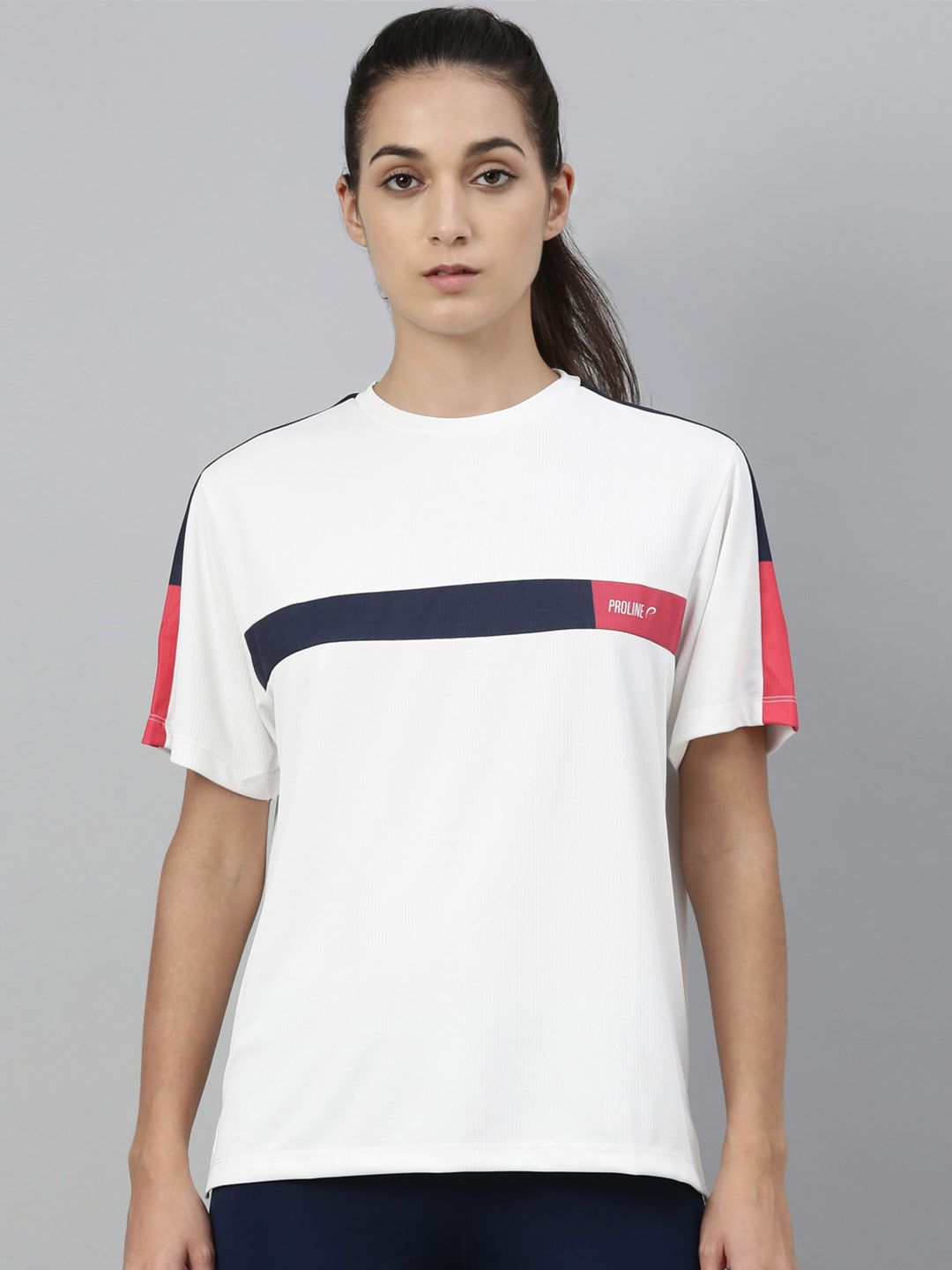Proline Women Off White & Blue Colourblocked T-shirt Price in India